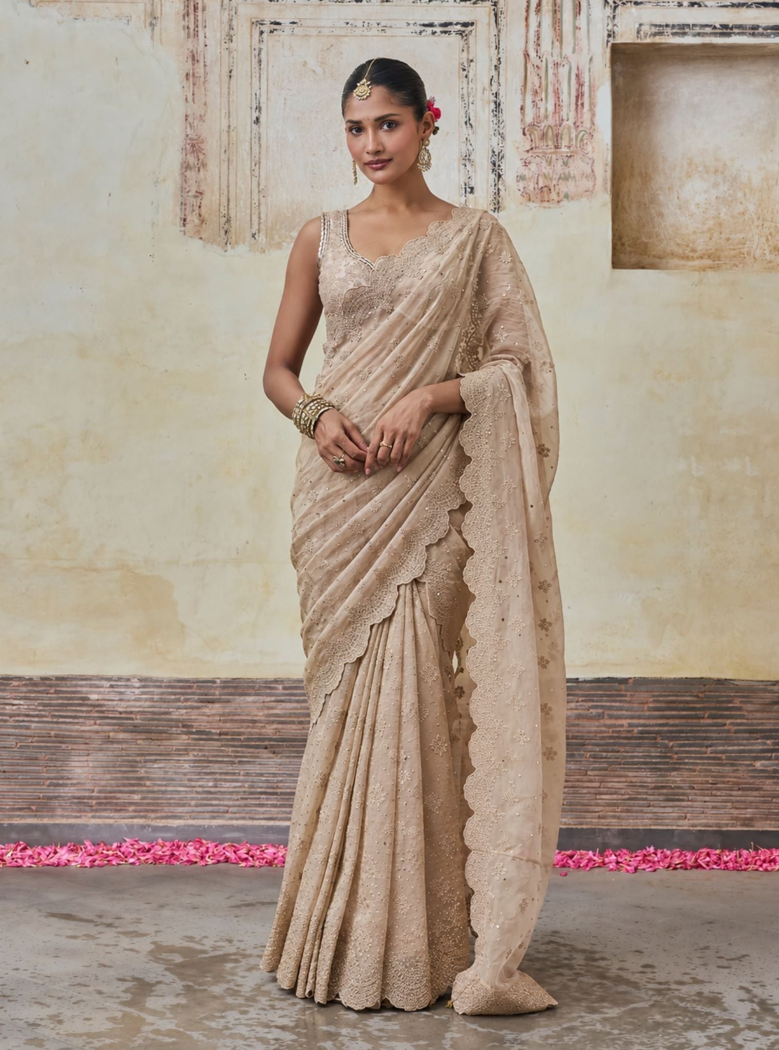 Adiva Lurex Organza Champagne Pre-draped Saree