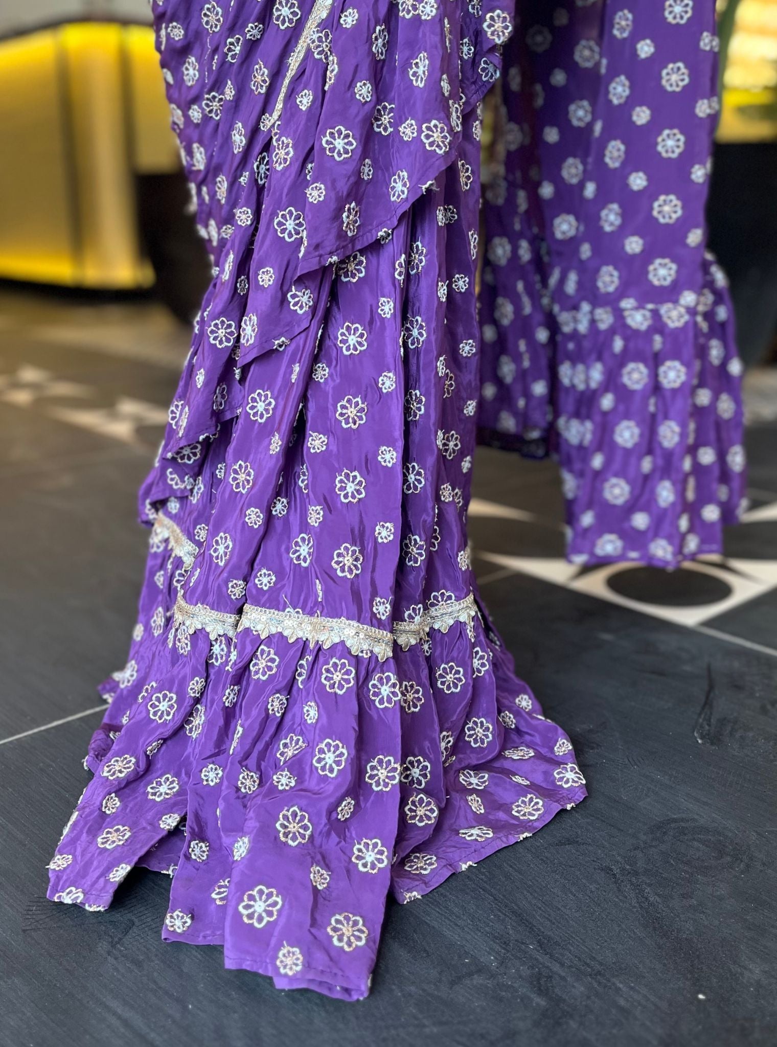 Mulmul Crepe Brahmi Pre-Stitched Purple Saree