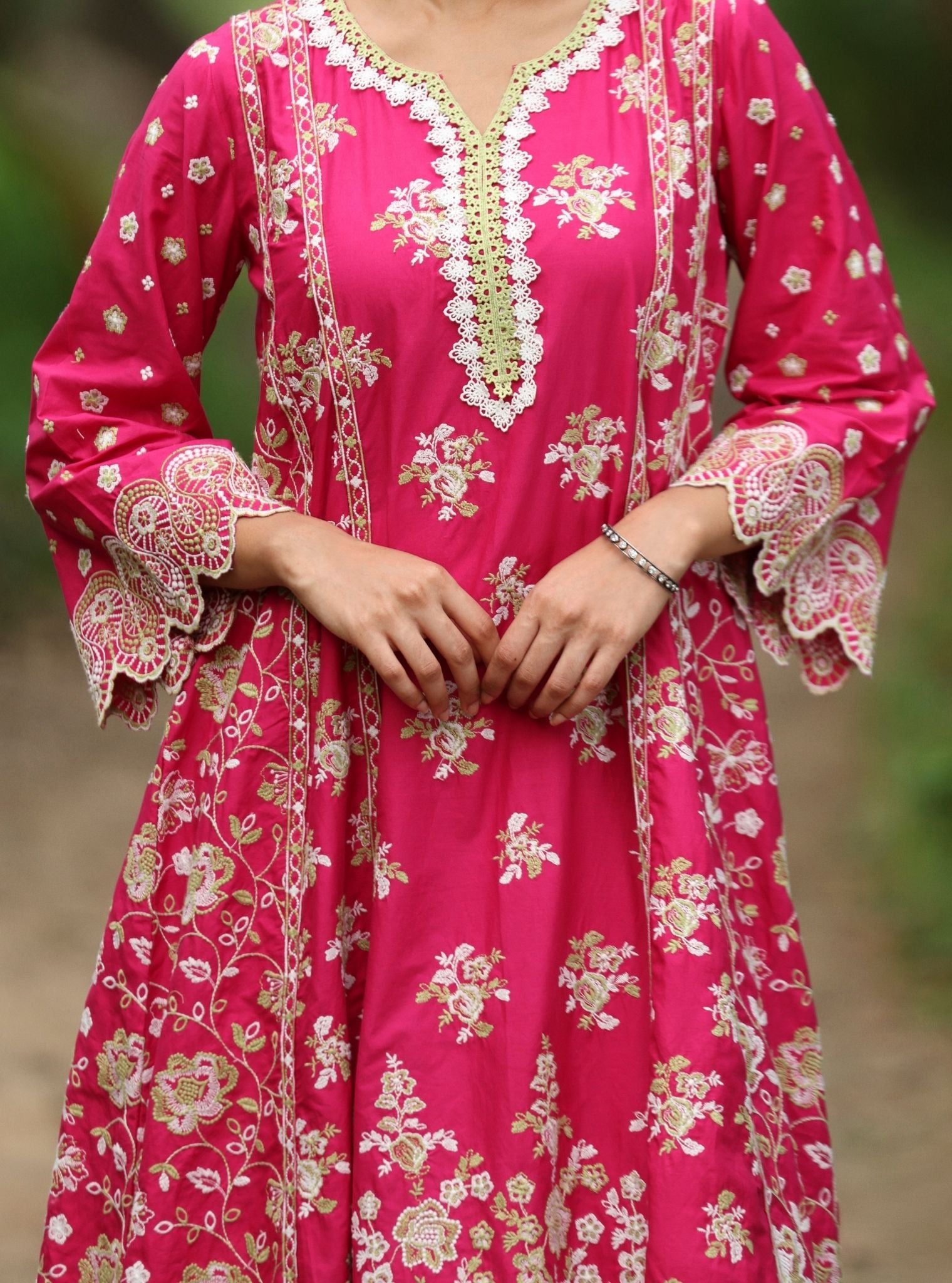 Mulmul Cotton Aavya Fuschia Anarkali Kurta With Mulmul Cotton Aavya Fuschia Pant