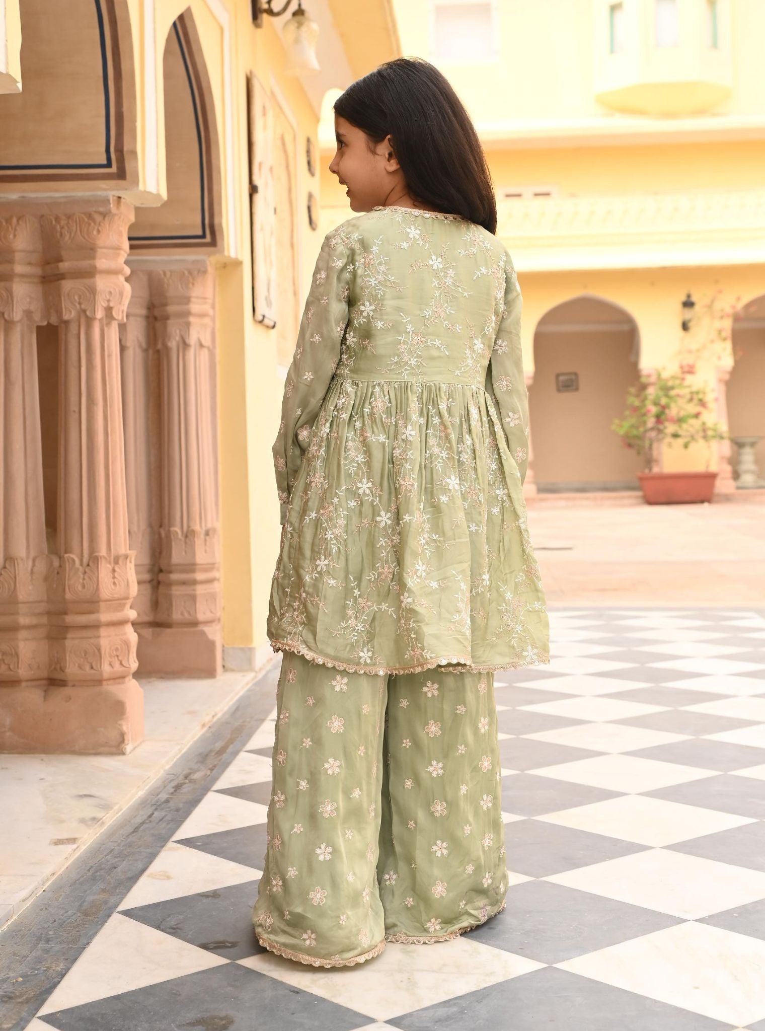 Mulmul Organza Satin Doria Sage Green Kurta with Mulmul Organza Satin Doria Sage Green Sharara