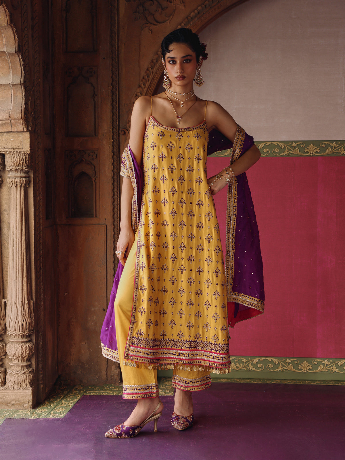 Tori Pima Satin Mustard Strappy Long Kurta Set