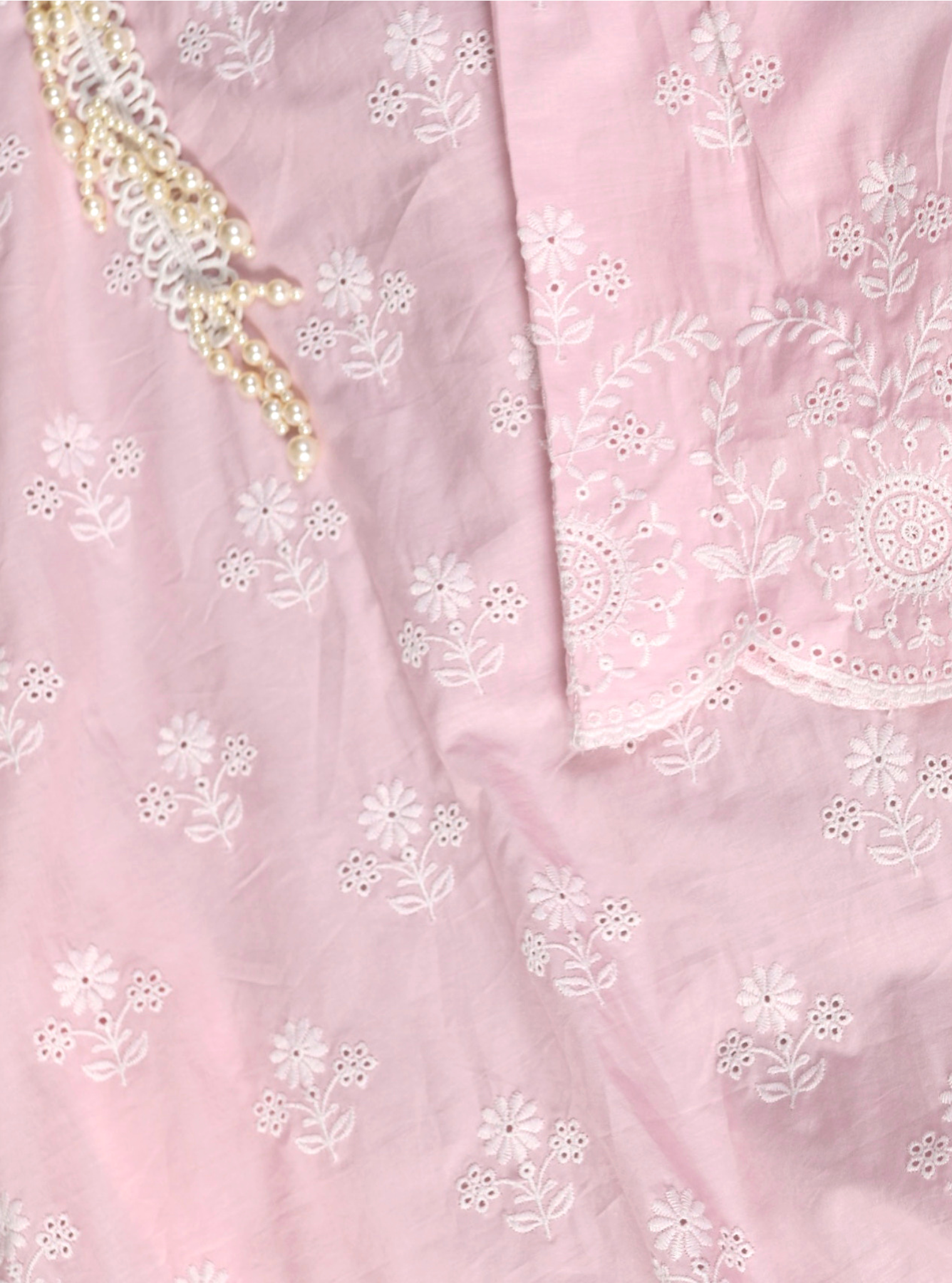 Mulmul Cotton Arpora Pink Kurta With Mulmul Cotton Arpora White Pant