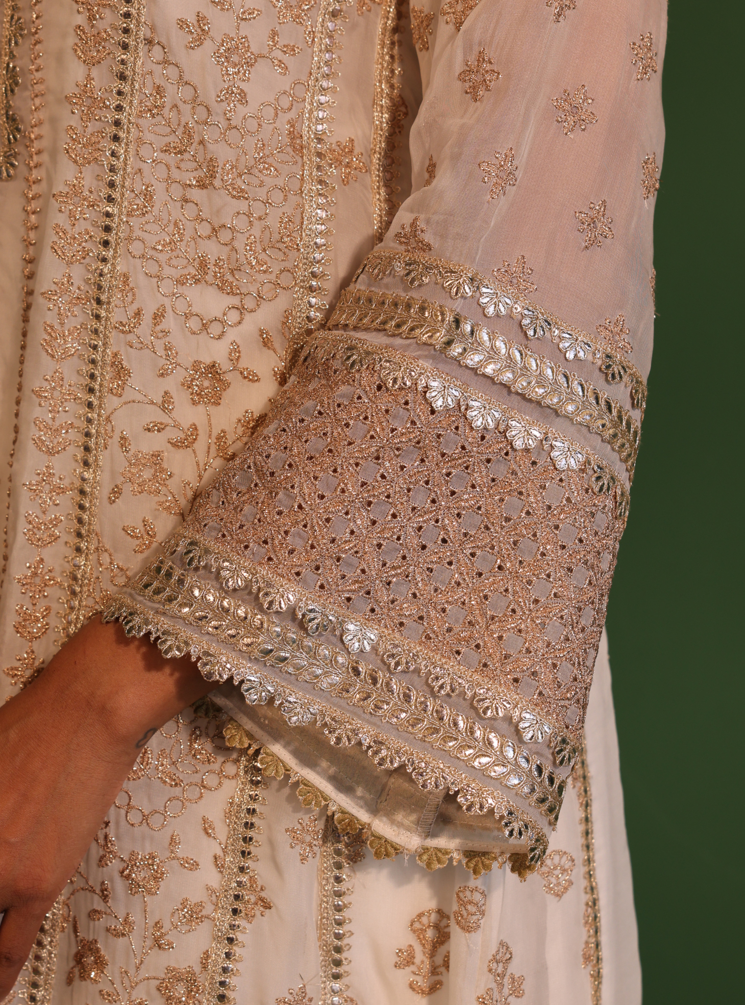 Mulmul Organza Katha Off White Anarkali Kurta With Mulmul Pima Satin Katha Off White Pant