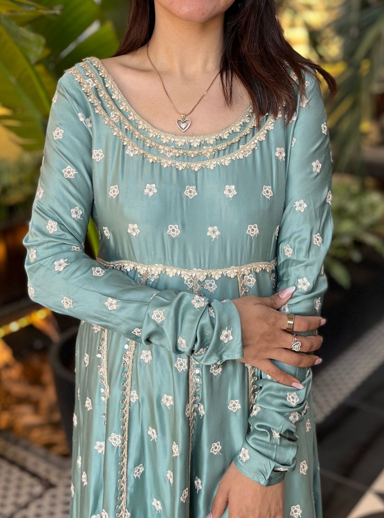 Maaeri Luxe Tissue Satin Teal Blue Kurta with Skirt Set