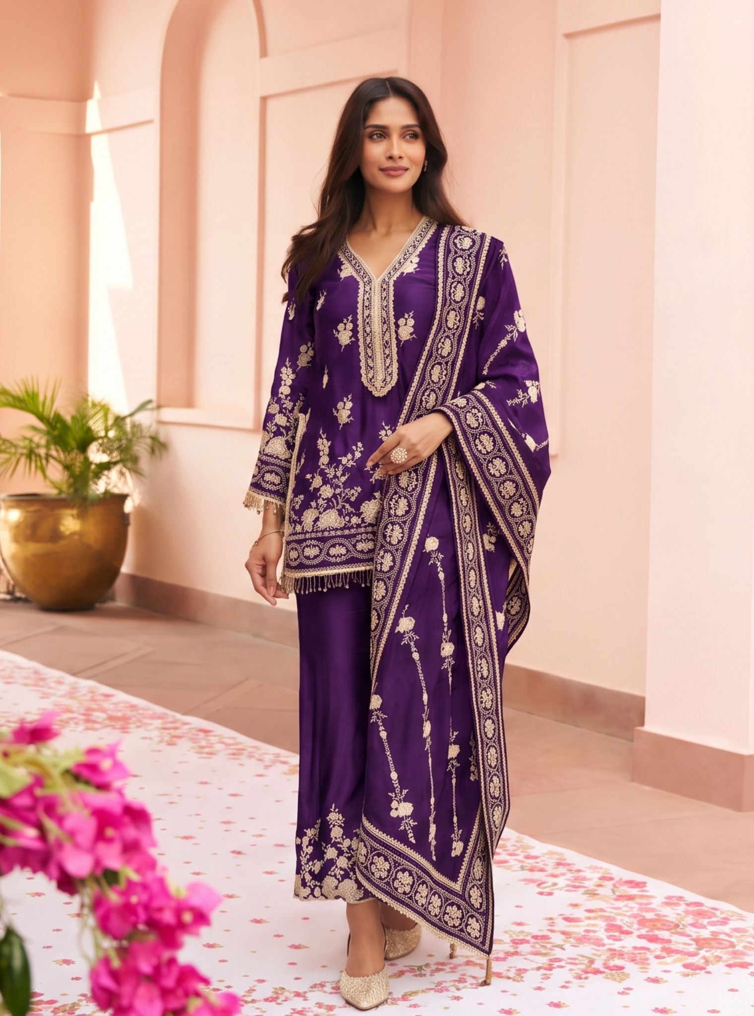 Saaj Cupro Satin Purple Kurta Set