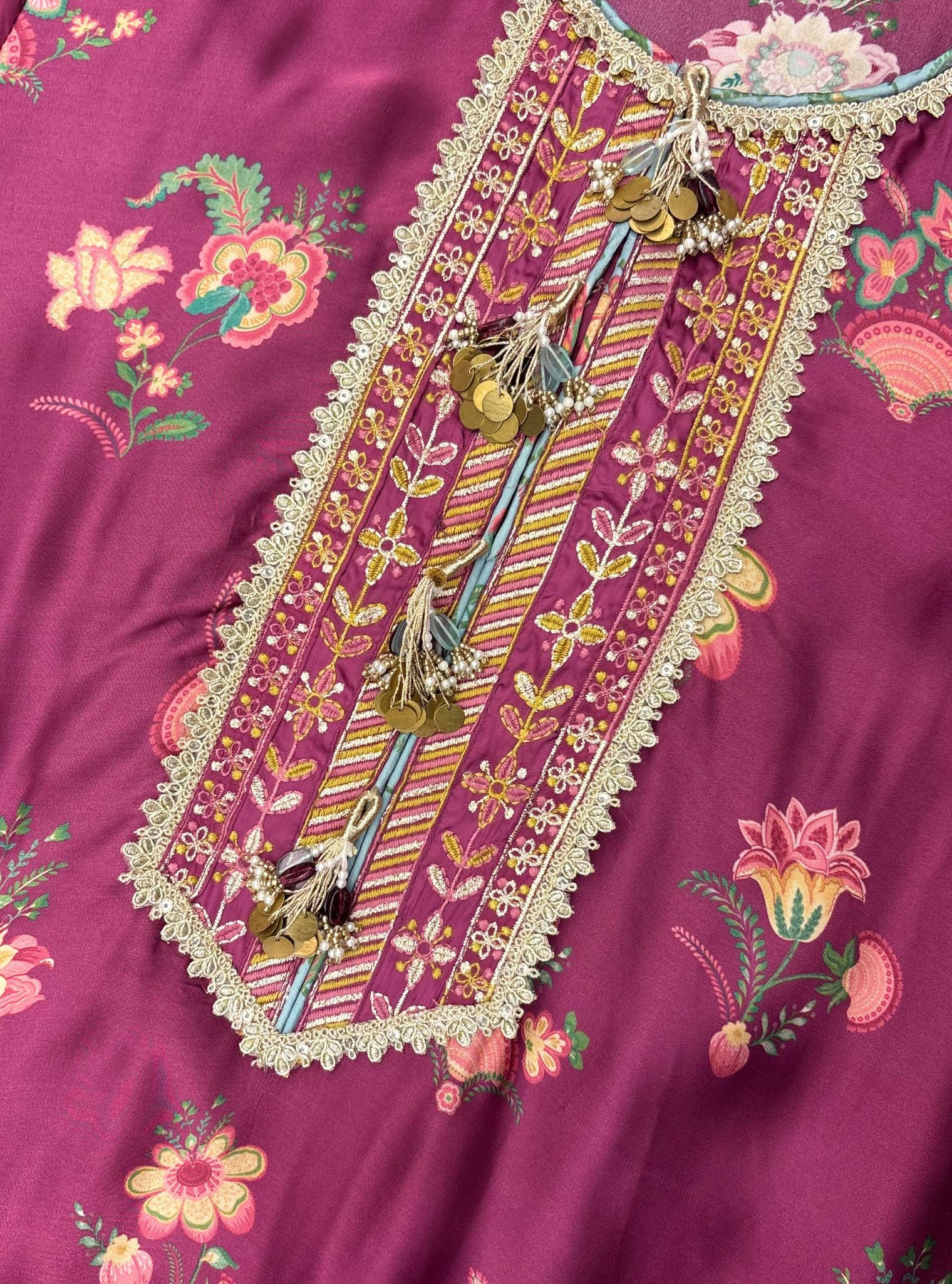 Ovia Cupro Satin Printed Wine Kurta & Pant Set