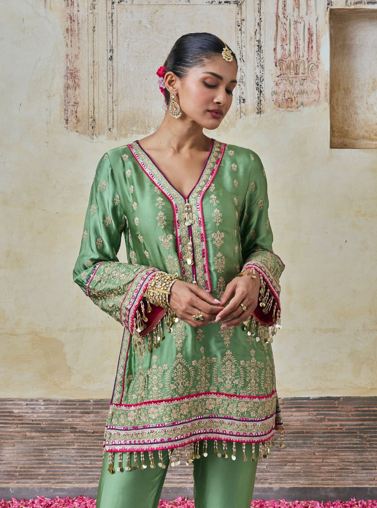 Yaira Cupro Satin Matcha Green Kurta Set