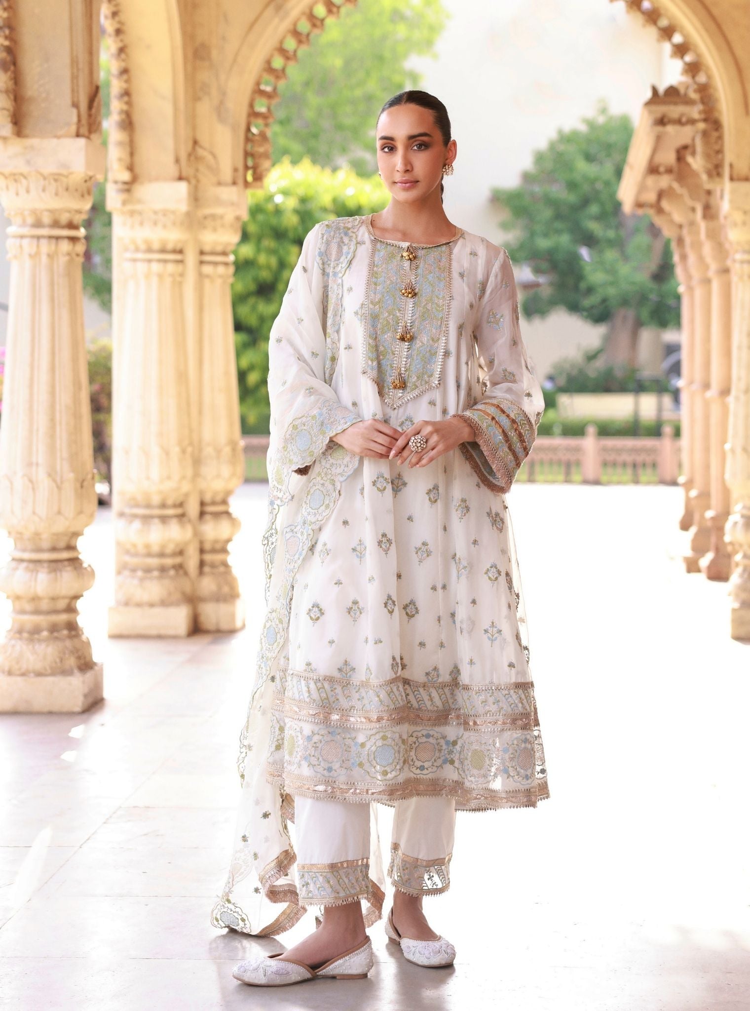 Janaya Off White Organza Anarkali Set