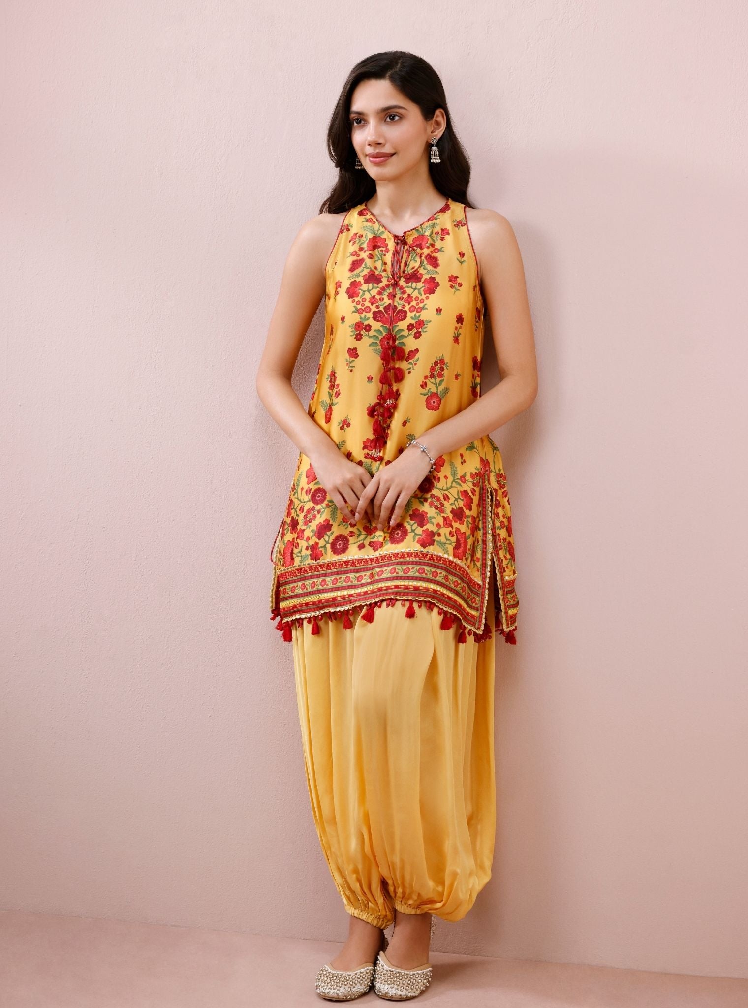 Mivya Cupro Satin Mustard Kurta with Balloon Pants