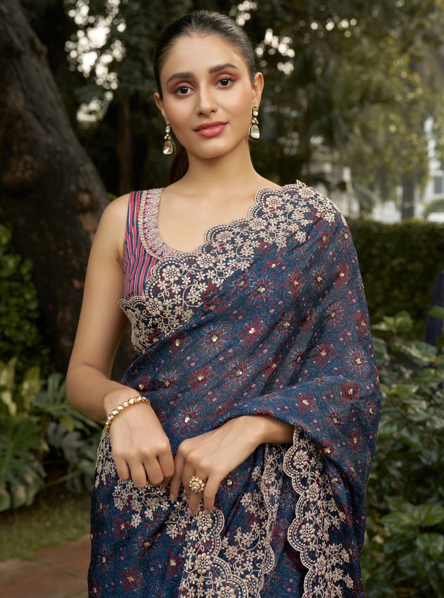 Noorani Viscose Glass Organza Navy Ajrakh Print Saree