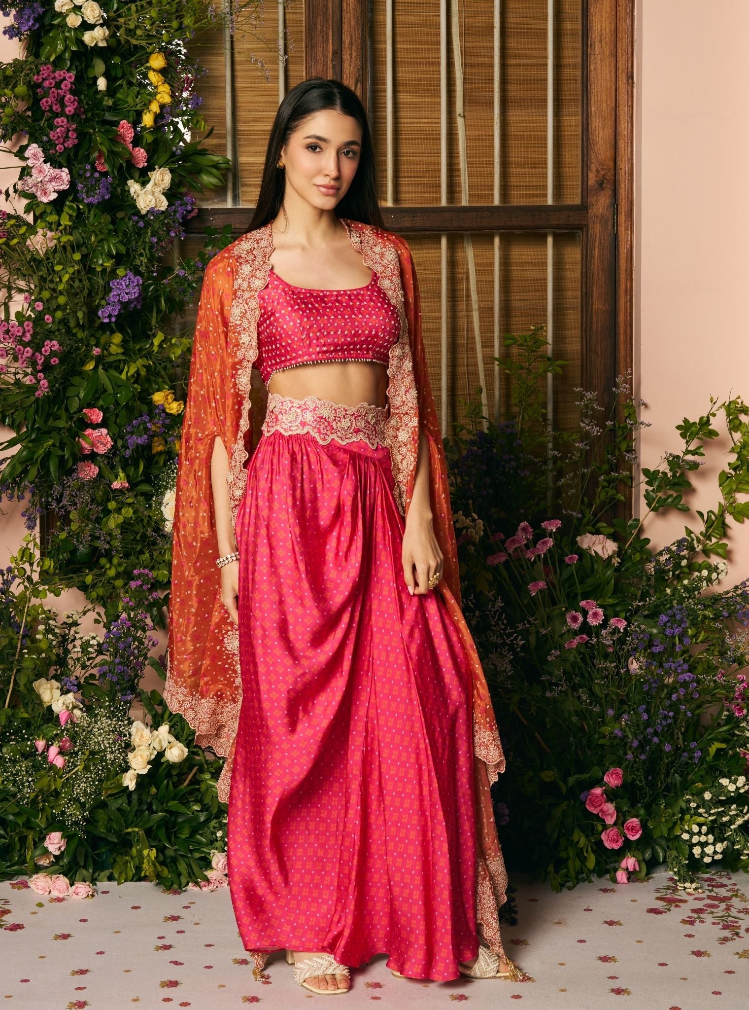 Mali Glass Organza Fuchsia Skirt Set With Cape