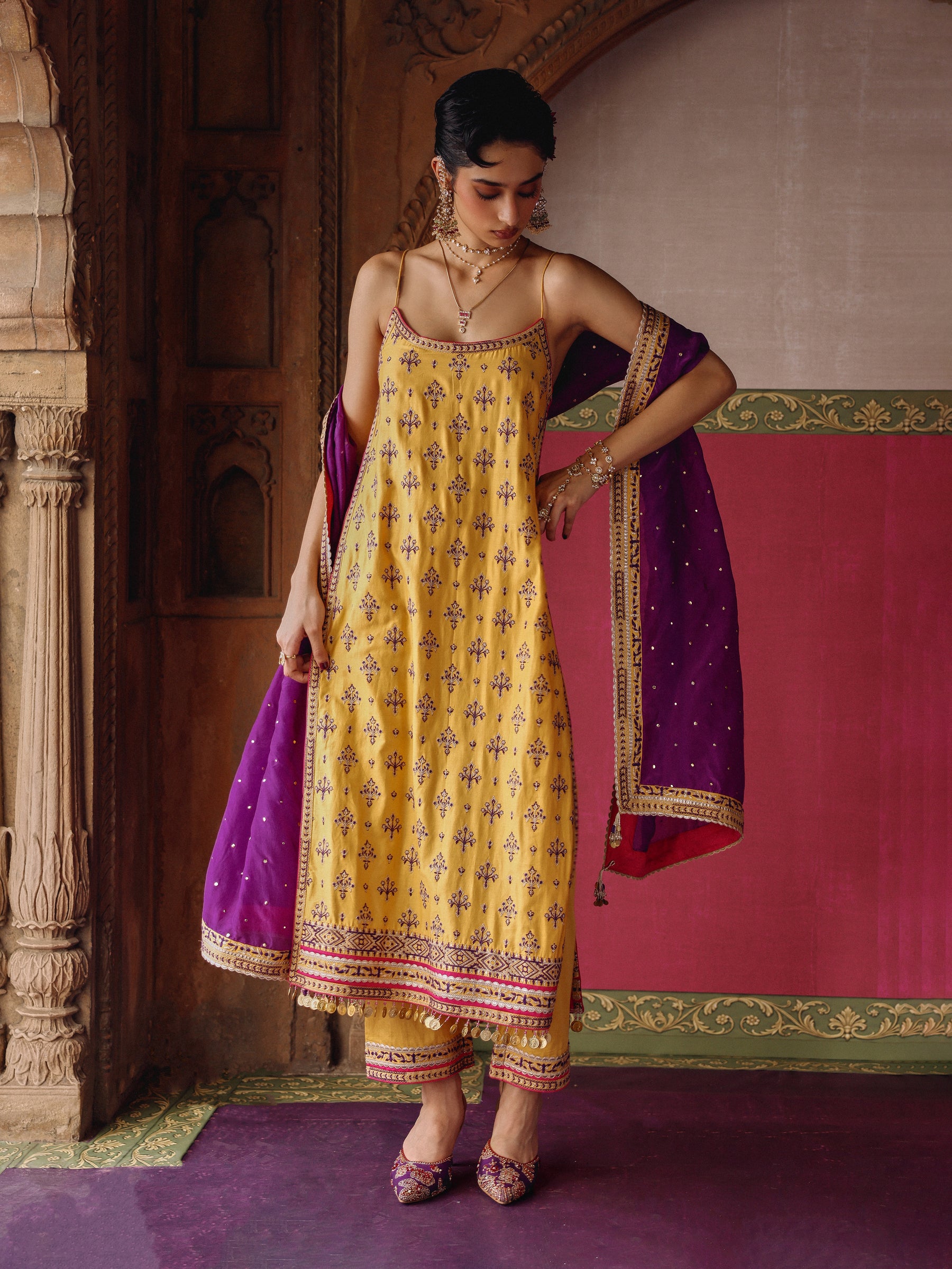 Tori Pima Satin Mustard Strappy Long Kurta Set