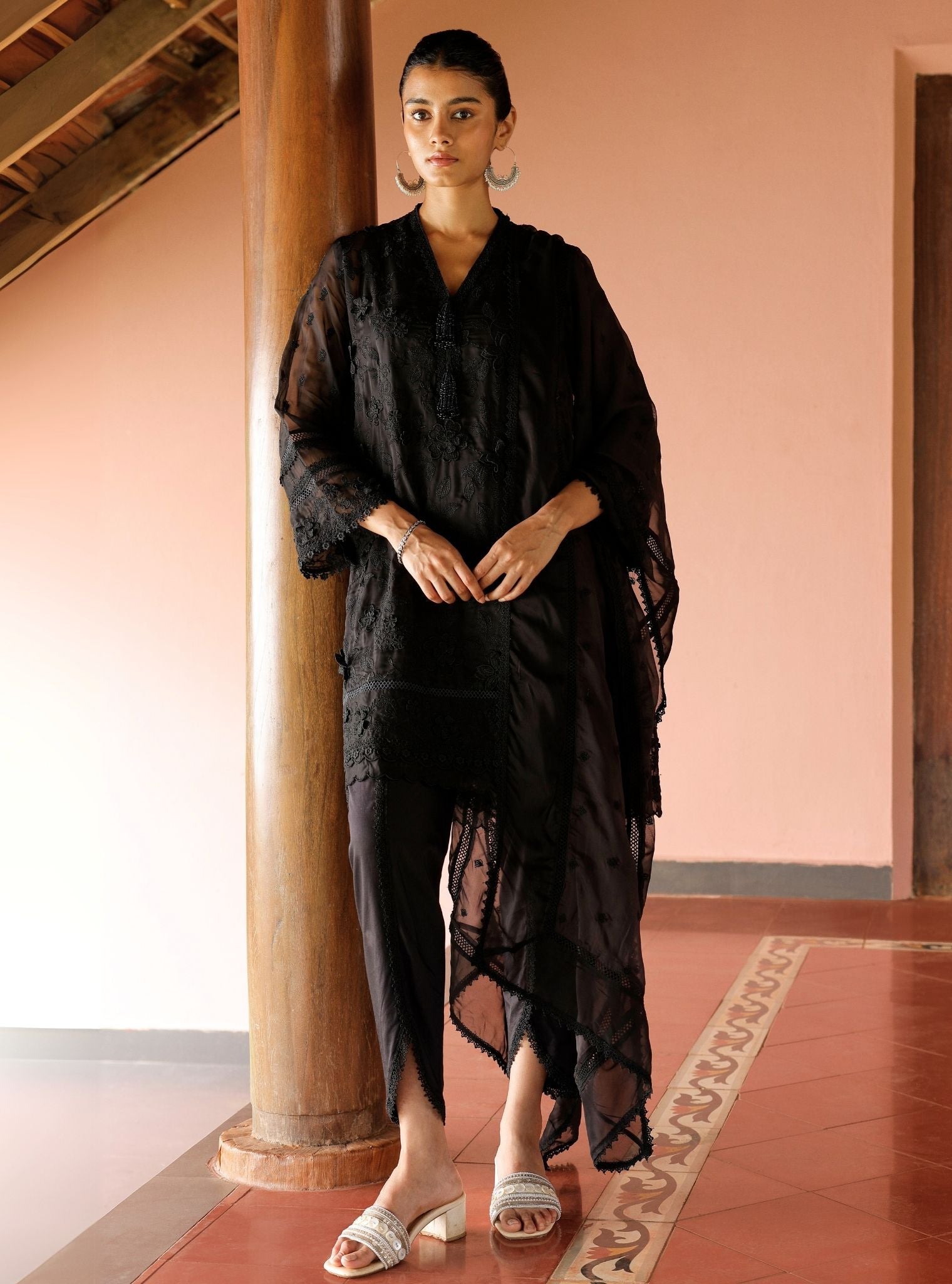 Mulmul Organza Uma Black Kurta With Mulmul Cotton Uma Black Dhoti Pant