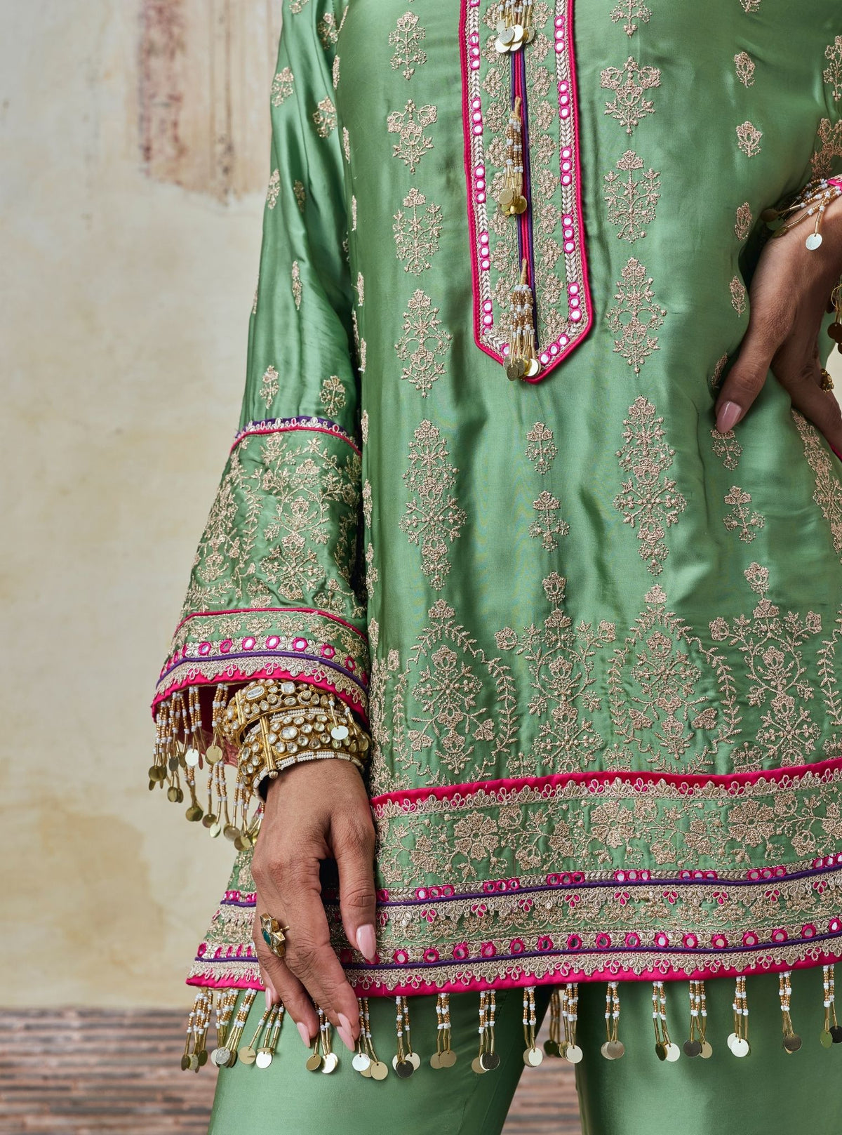 Yaira Cupro Satin Matcha Green Kurta Set