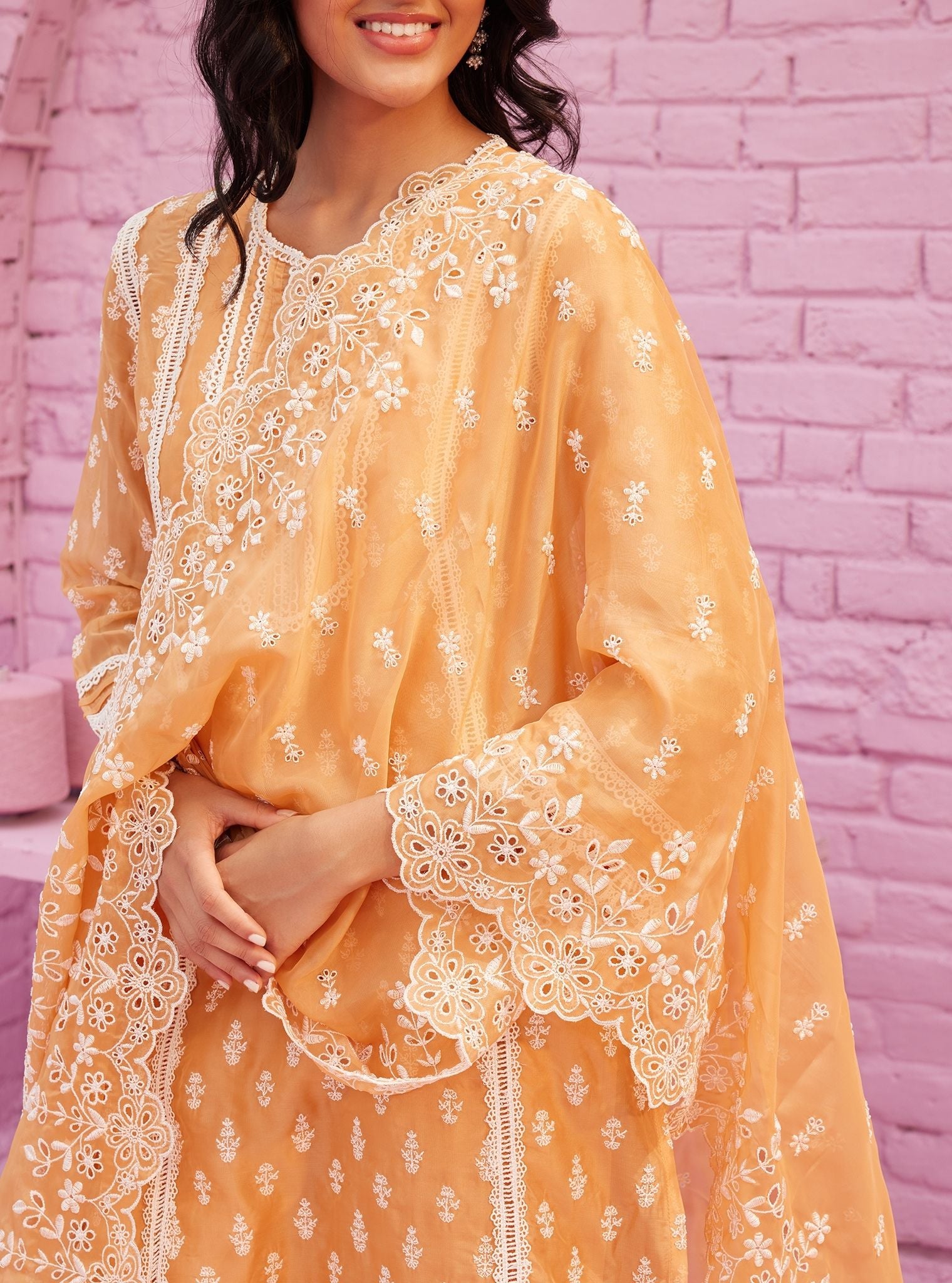 Mulmul Organza Aarina Orange Kurta With Mulmul Cotton Aarina Orange Pant