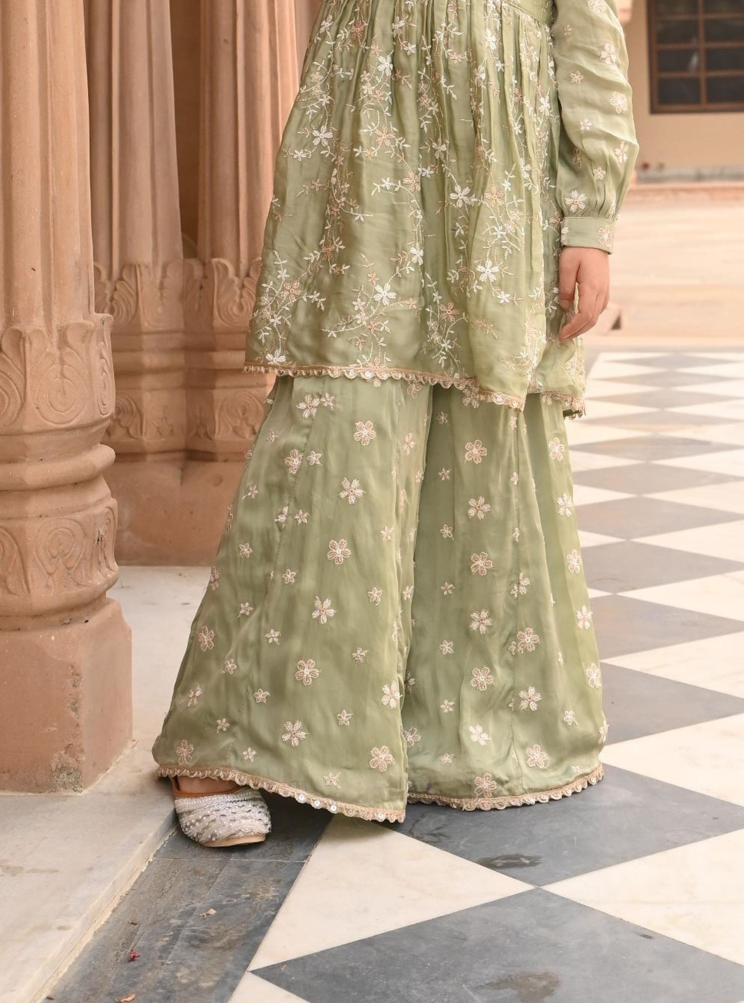 Mulmul Organza Satin Doria Sage Green Kurta with Mulmul Organza Satin Doria Sage Green Sharara