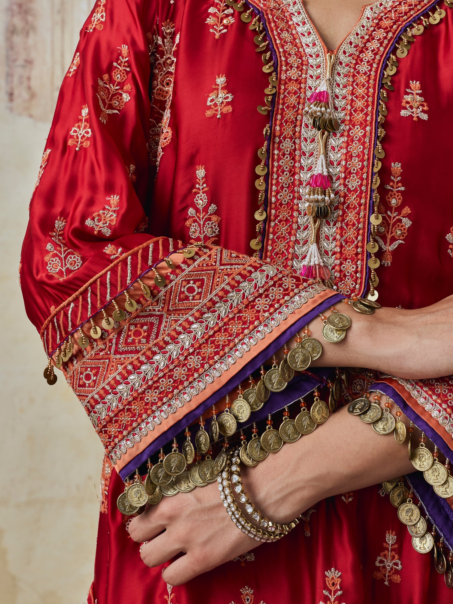 Koyal Cupro Satin Red Kaftan Set