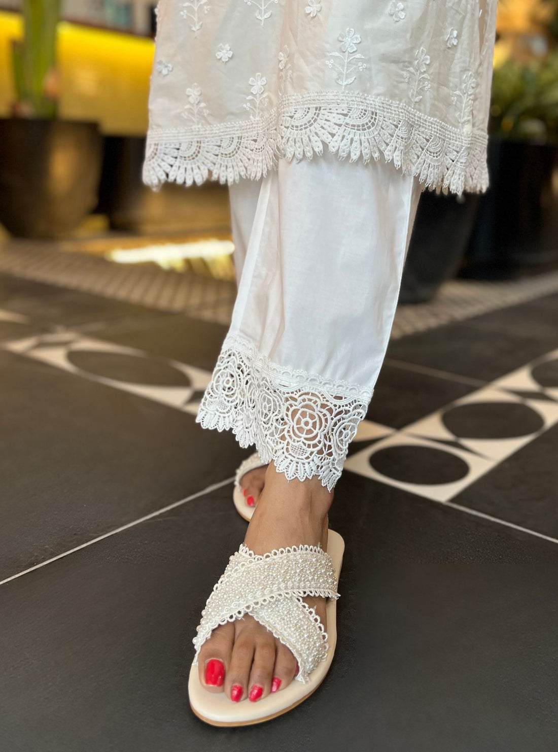 Mulmul Supima Cotton Floral Chemical Lace White Pant