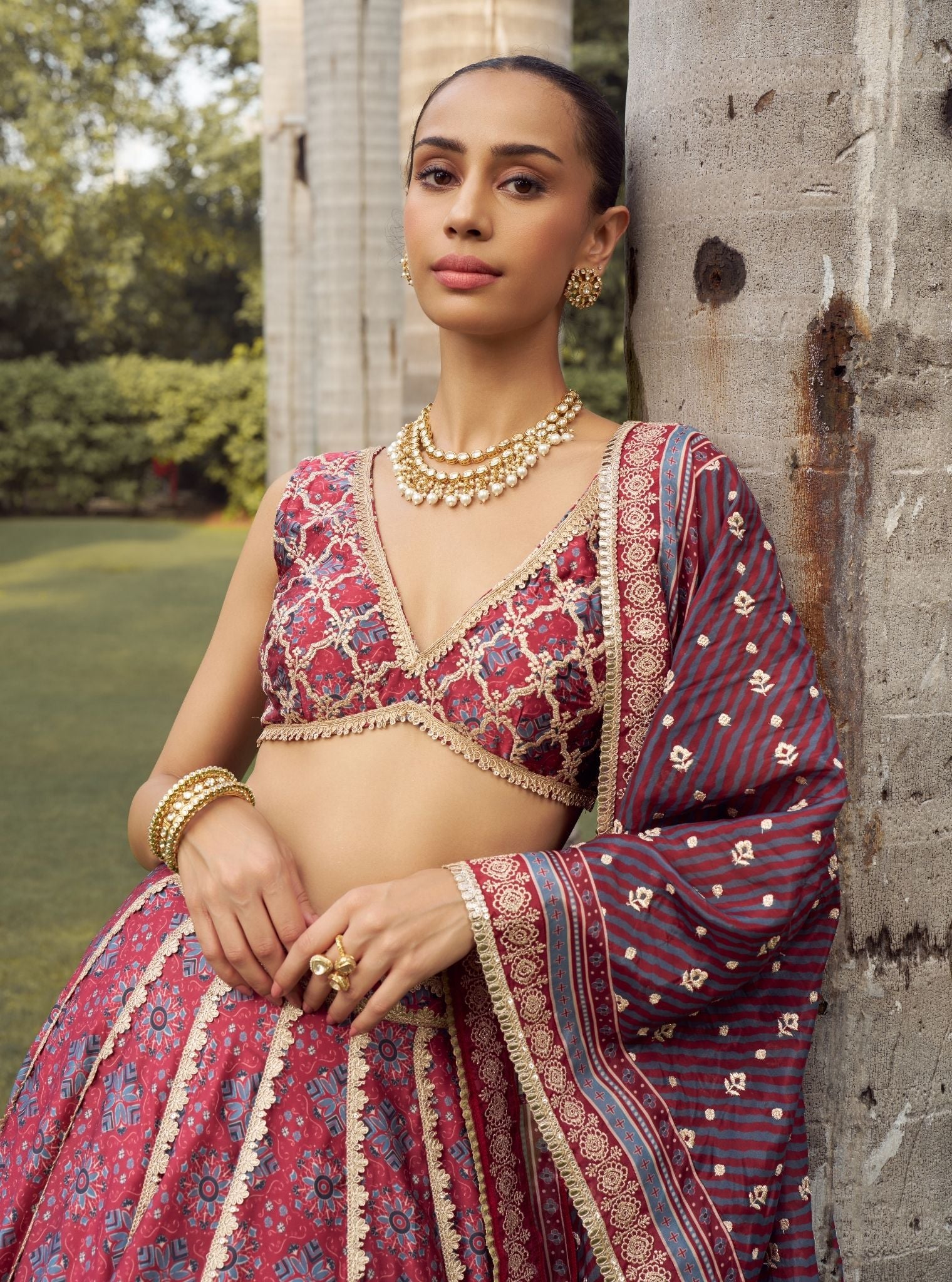 Taal Cupro Satin Red Ajrakh Print Lehenga