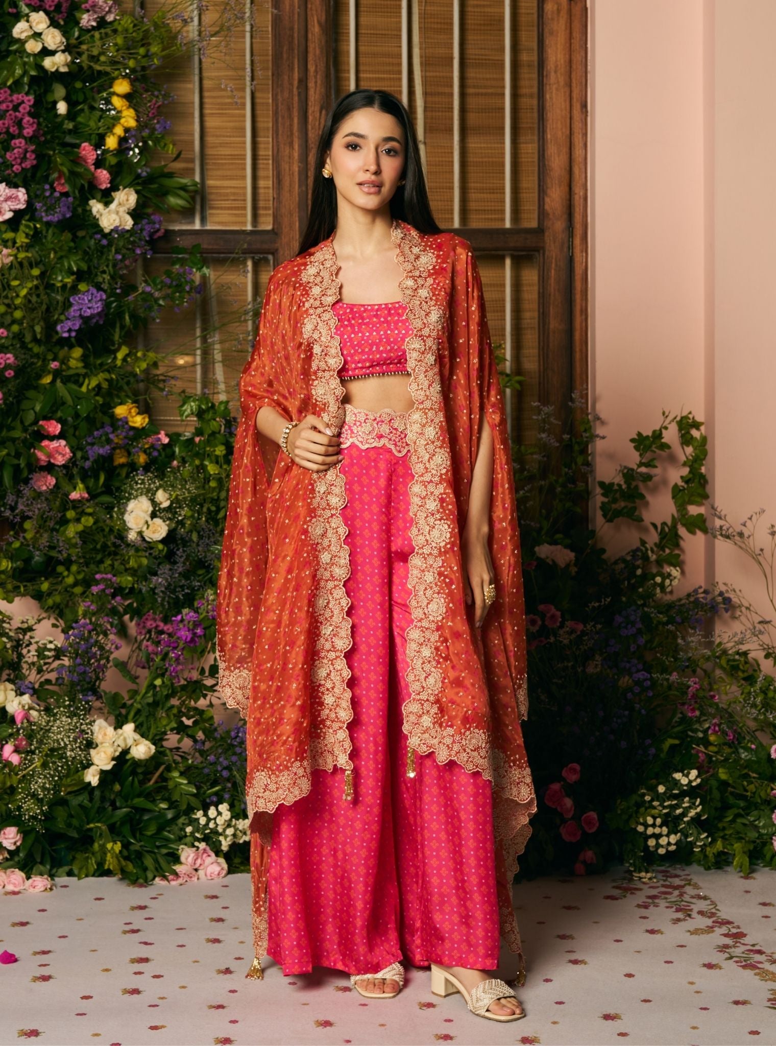 Mali Glass Organza Fuchsia Pant Set With Cape