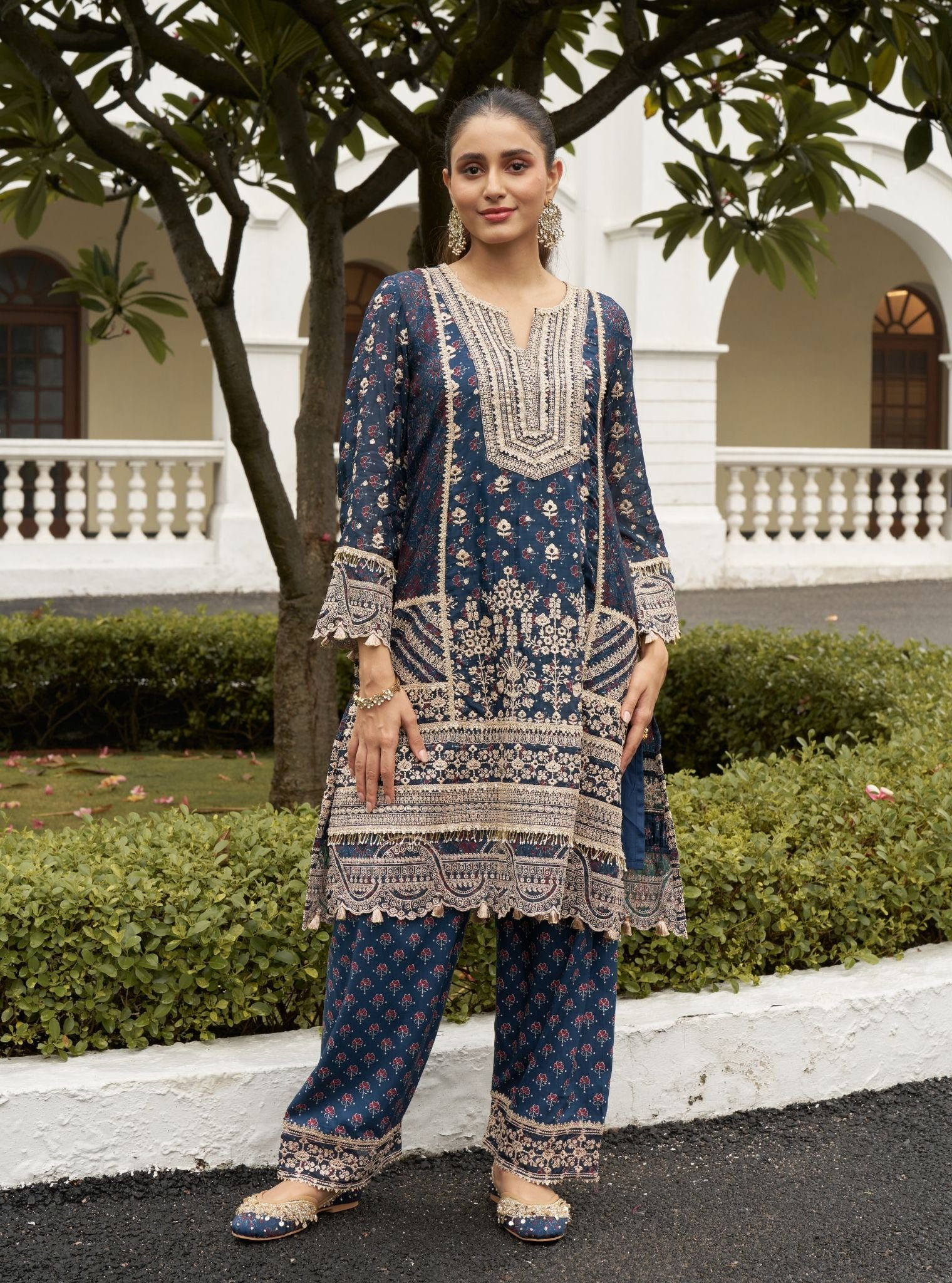 Jhoomar Viscose Glass Organza Navy Ajrakh Print Kurta Set