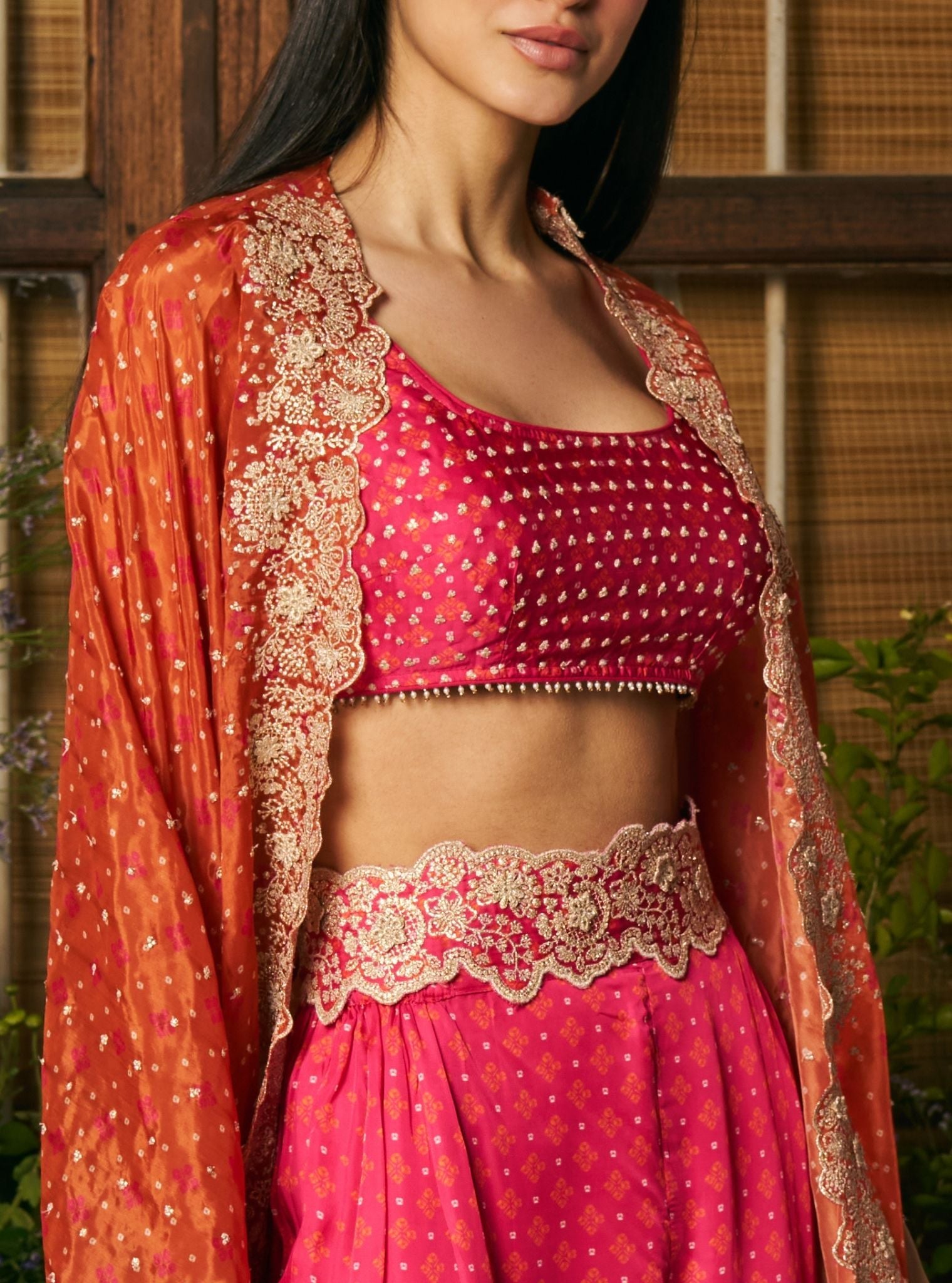 Mali Glass Organza Fuchsia Pant Set With Cape