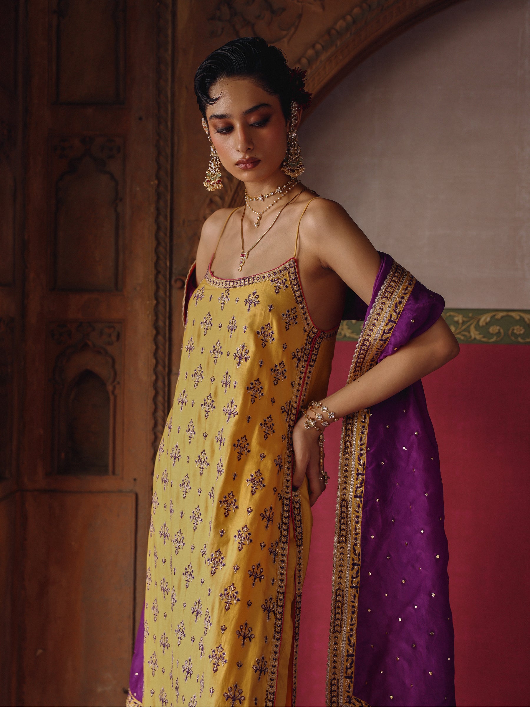 Tori Pima Satin Mustard Strappy Long Kurta Set