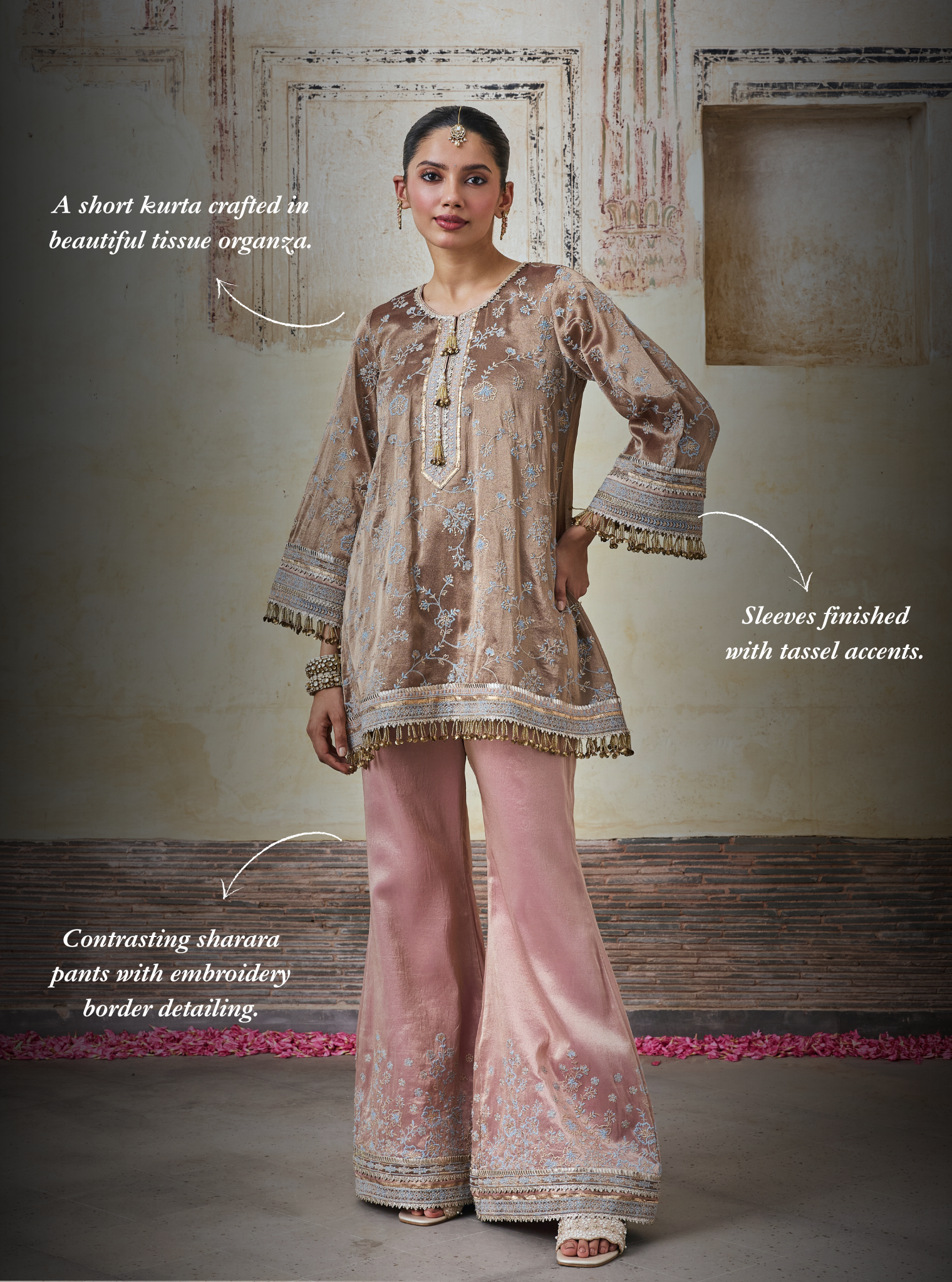 Odhira Tissue Organza Brown & Pink Kurta Set