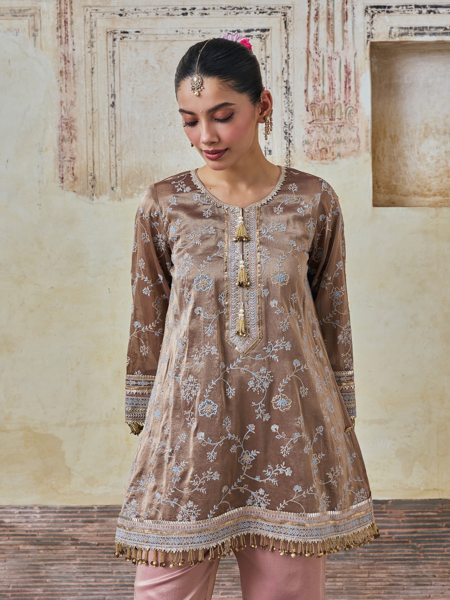 Odhira Tissue Organza Brown & Pink Kurta Set