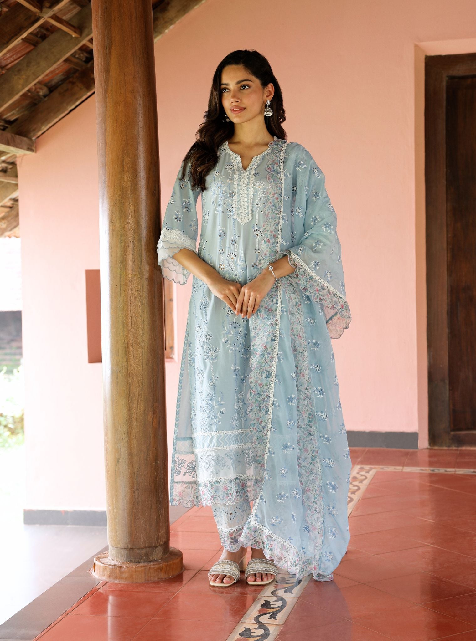 Mulmul Cotton Nair Light Blue Kurta With Mulmul Cotton Nair Light Blue Pant