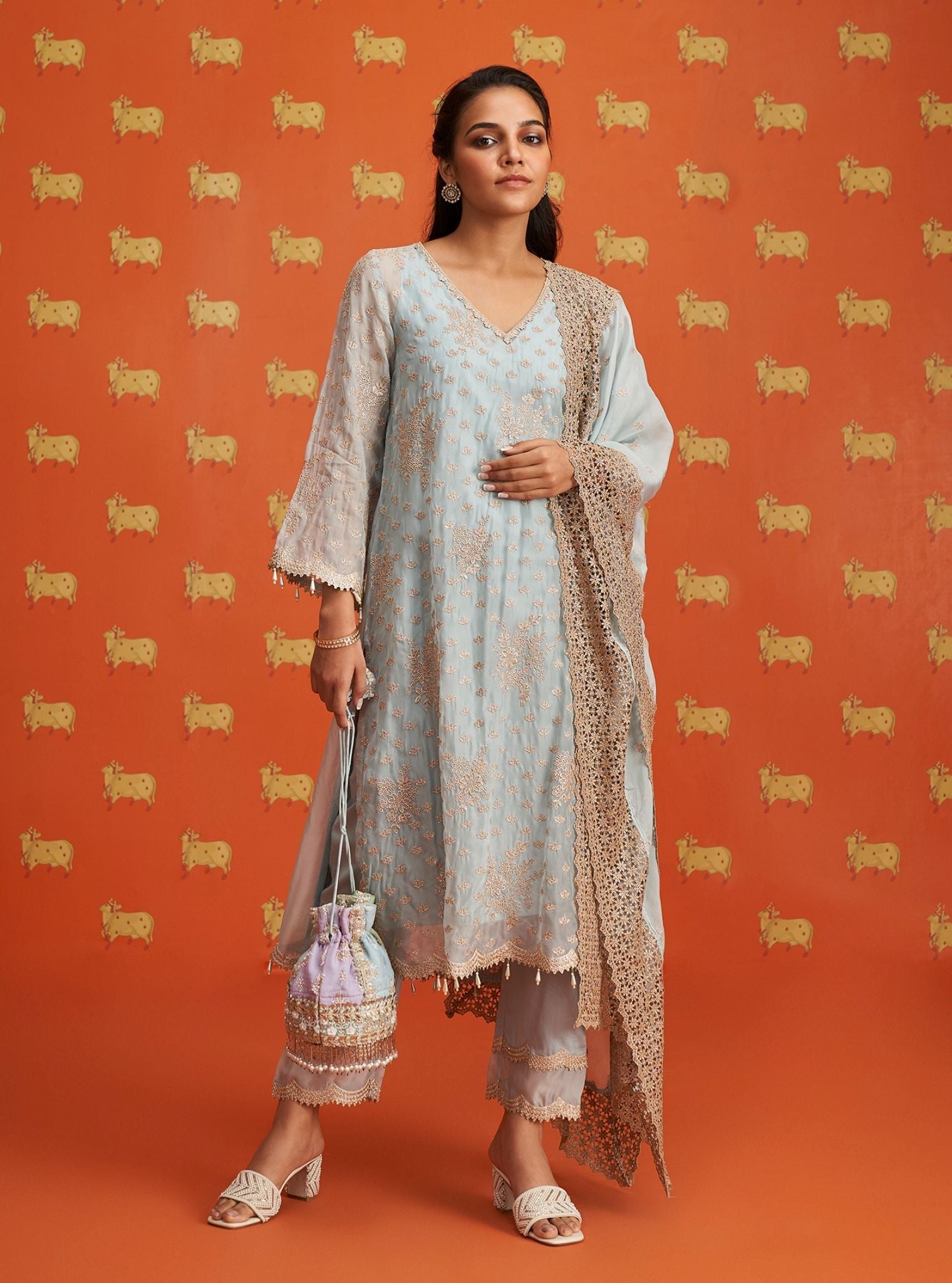 Mulmul Organza Suwanni Light Blue Kurta With Mulmul Organza Suwanni Light Blue Pant