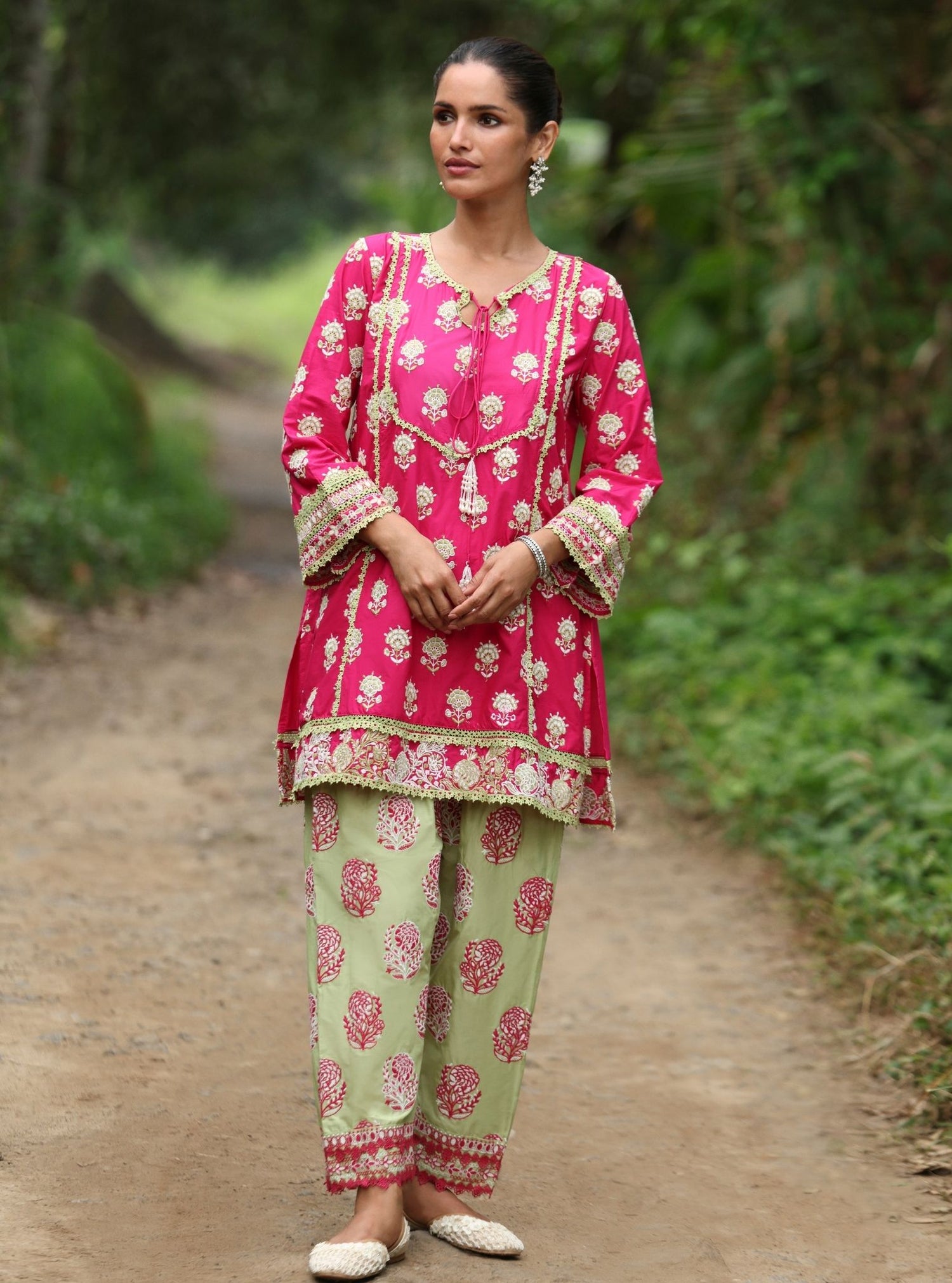 Falaknuma Supima Cotton Fuschia Kurta With Aelira White Dhoti Pant
