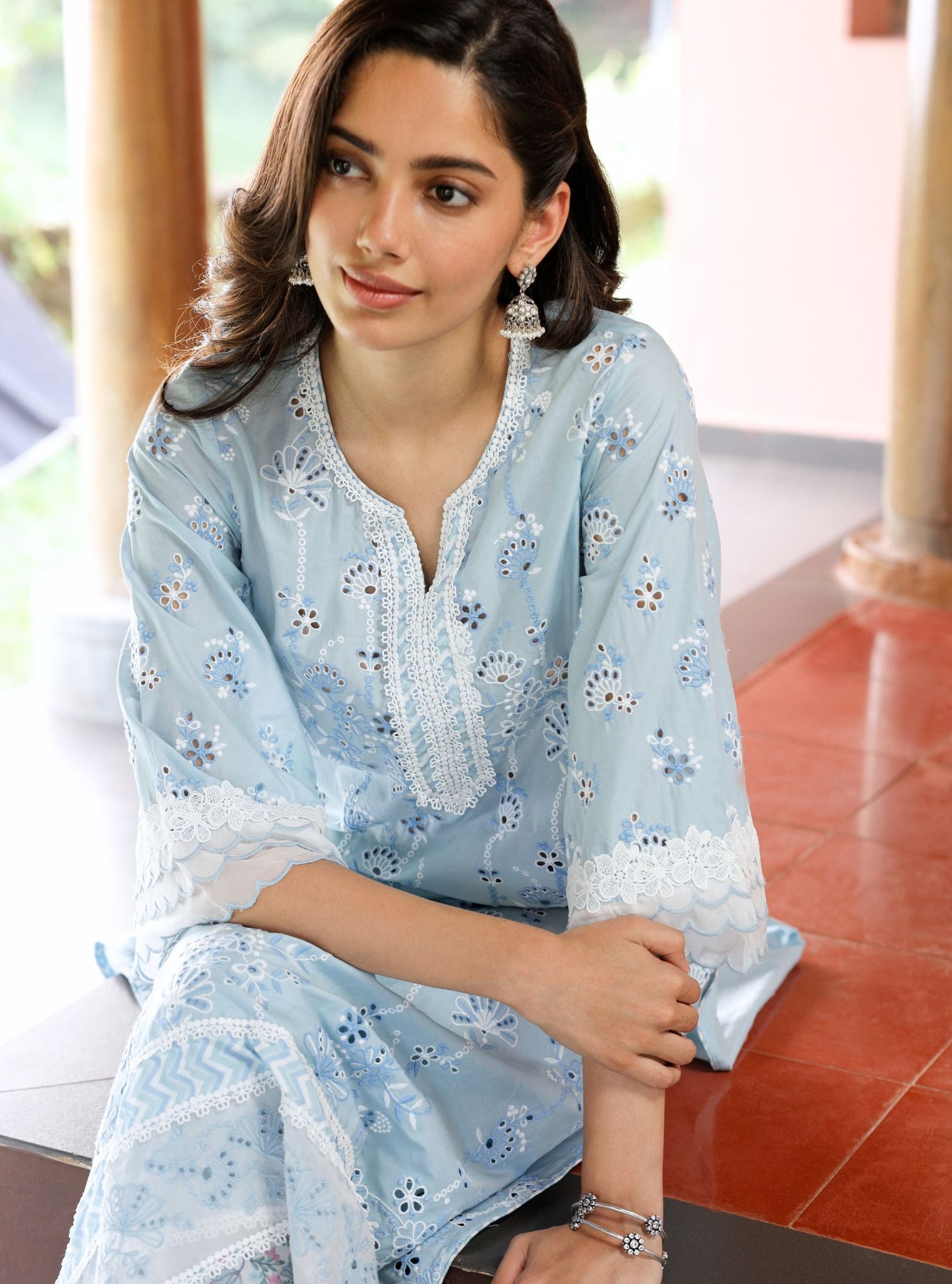 Mulmul Cotton Nair Light Blue Kurta With Mulmul Cotton Nair Light Blue Pant