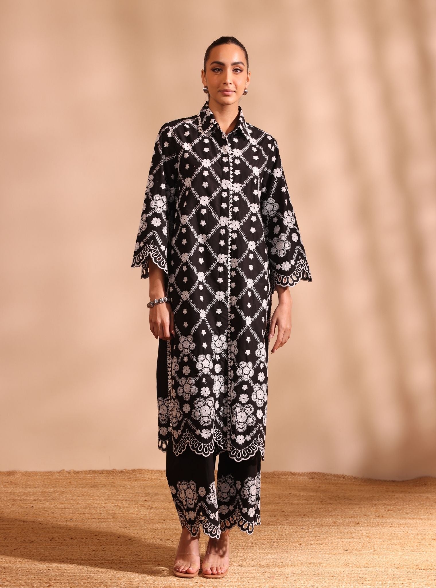 Mulmul Cotton Magnus Black Long Shirt With Mulmul Cotton Magnus Black Pant