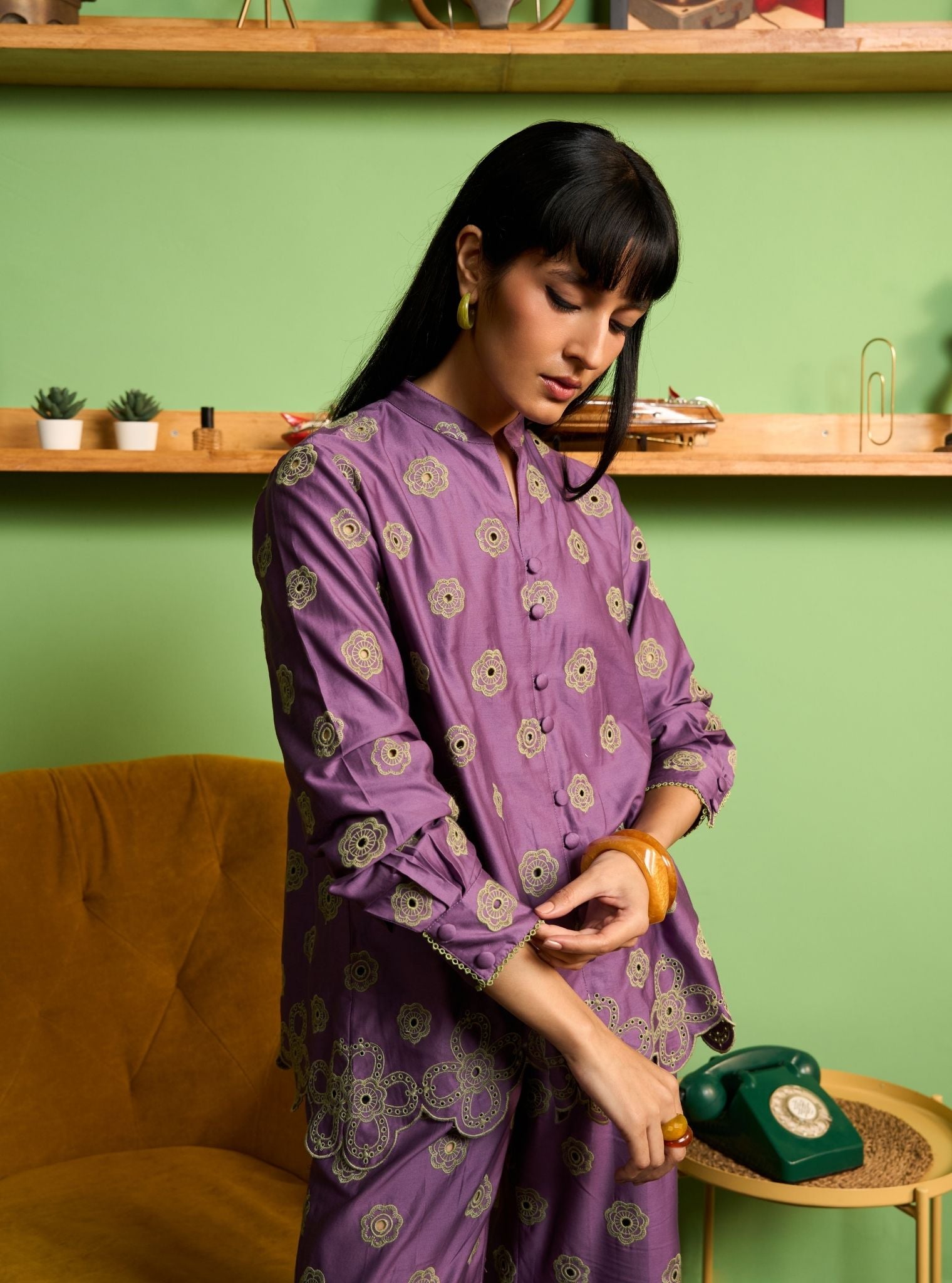 Zivi Pima Satin Violet Shirt Set