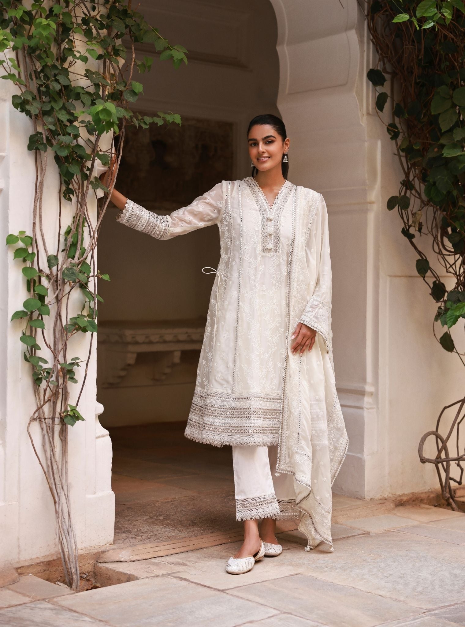 Lomika Off White Organza Anarkali Set