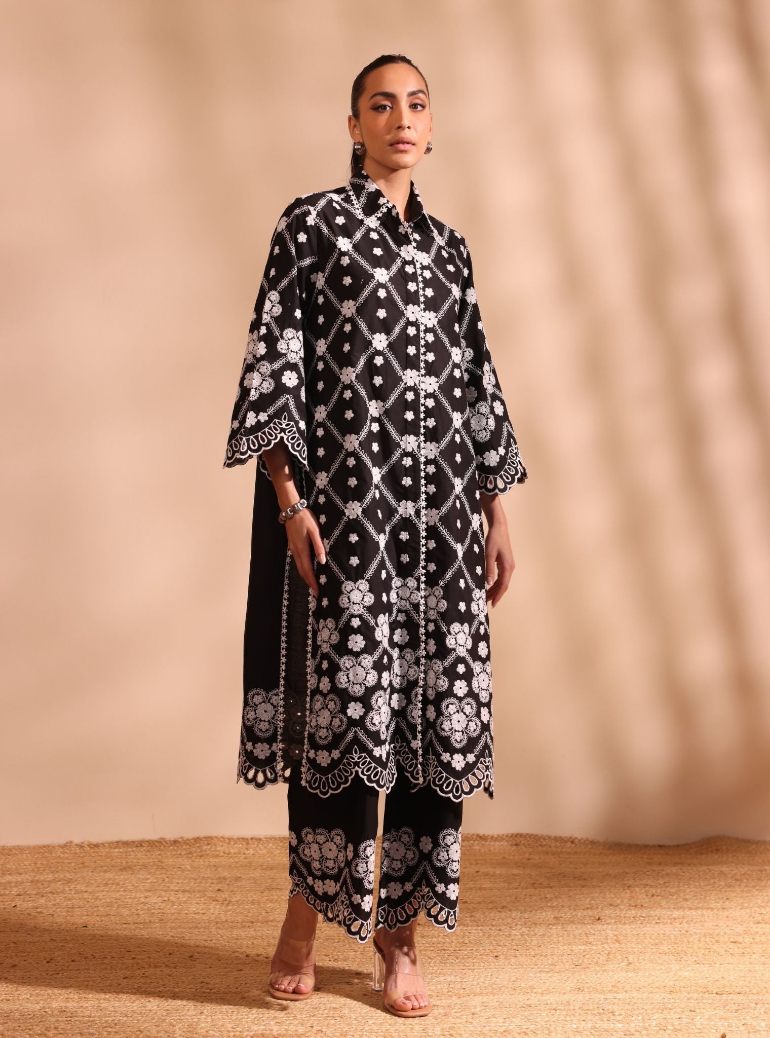 Mulmul Cotton Magnus Black Long Shirt With Mulmul Cotton Magnus Black Pant