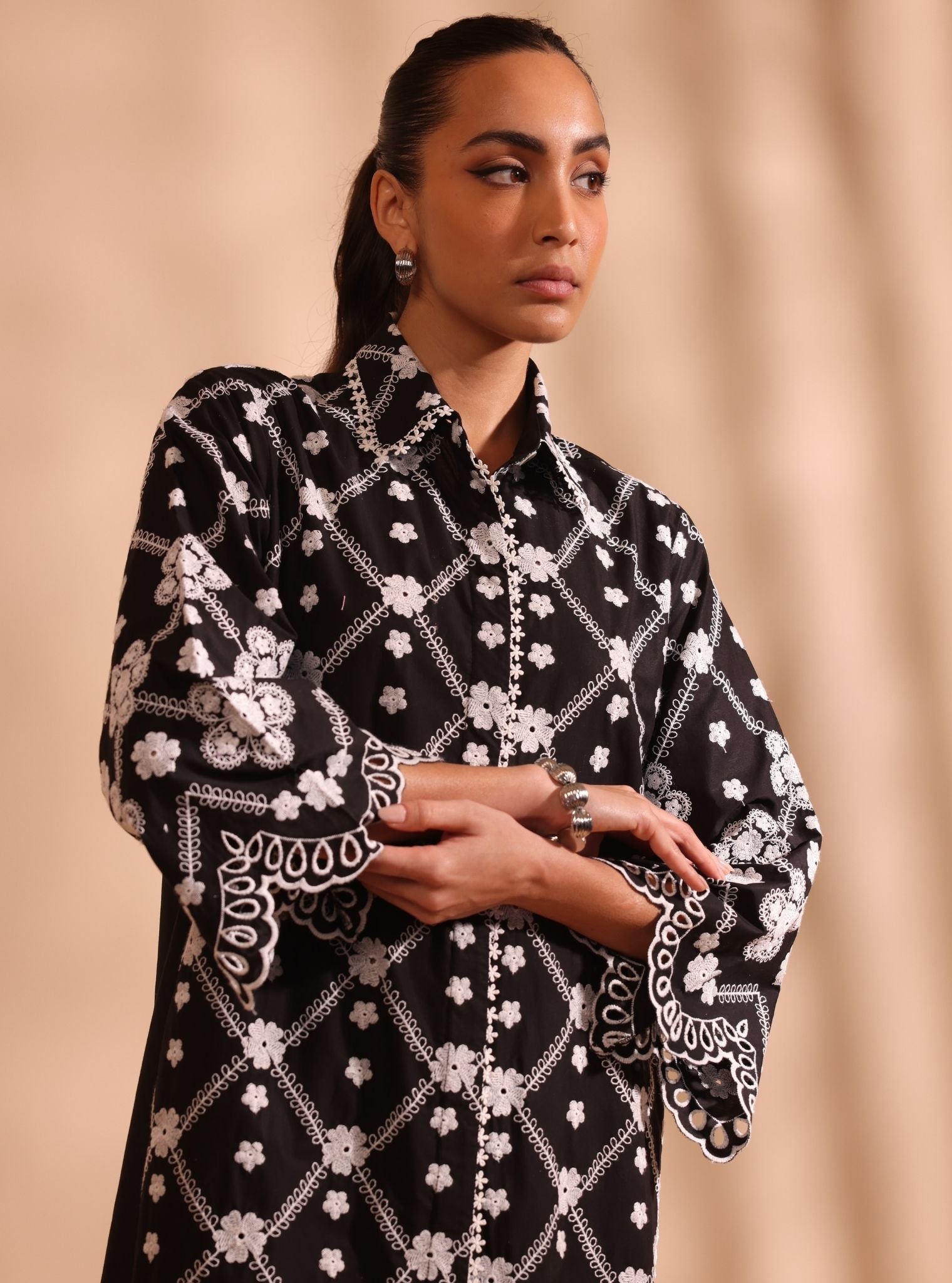 Mulmul Cotton Magnus Black Long Shirt With Mulmul Cotton Magnus Black Pant