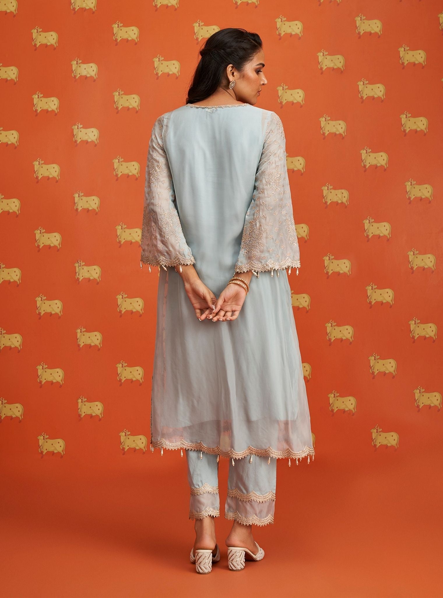 Mulmul Organza Suwanni Light Blue Kurta With Mulmul Organza Suwanni Light Blue Pant