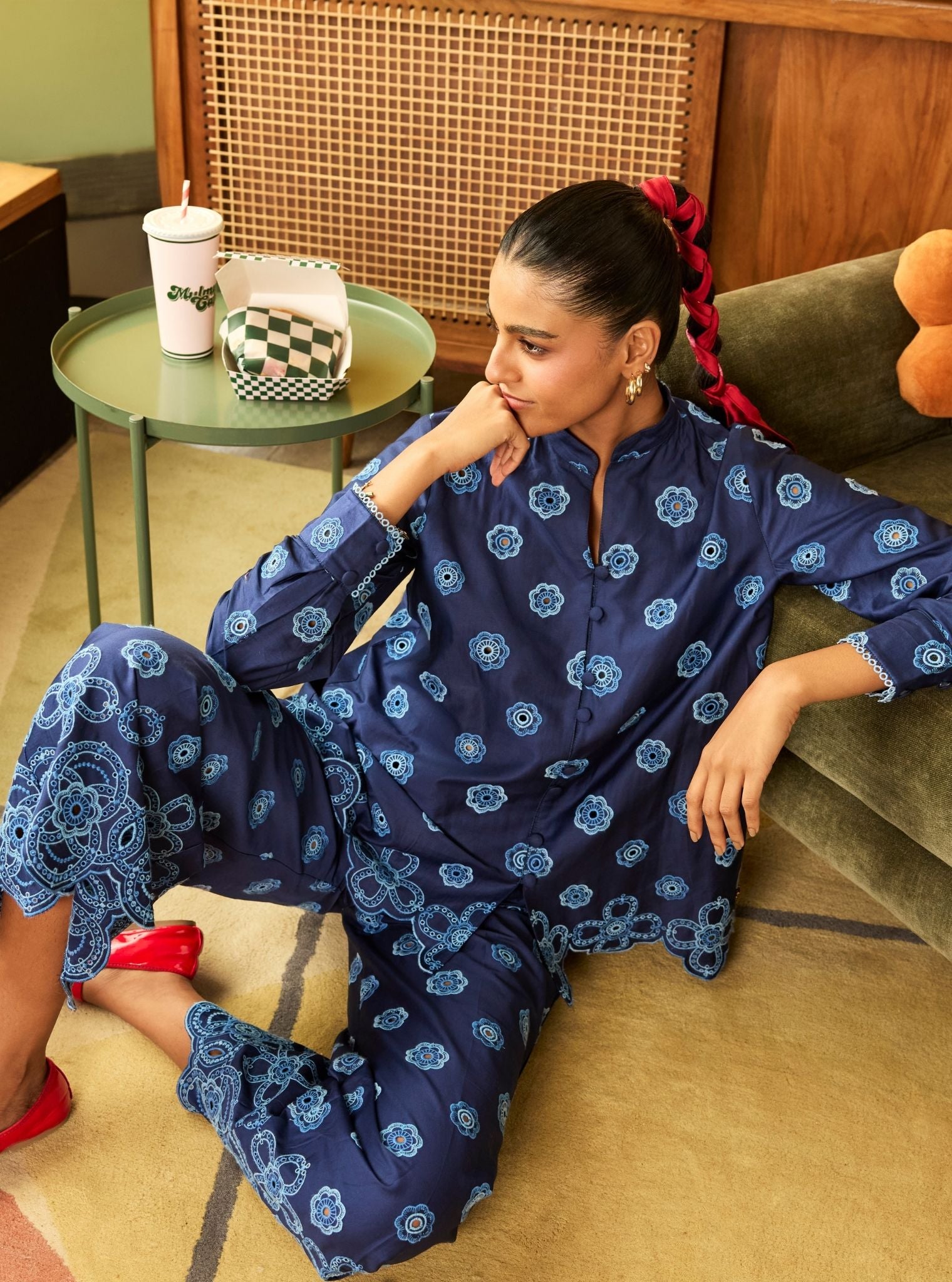 Zivi Pima Satin Navy Shirt Set