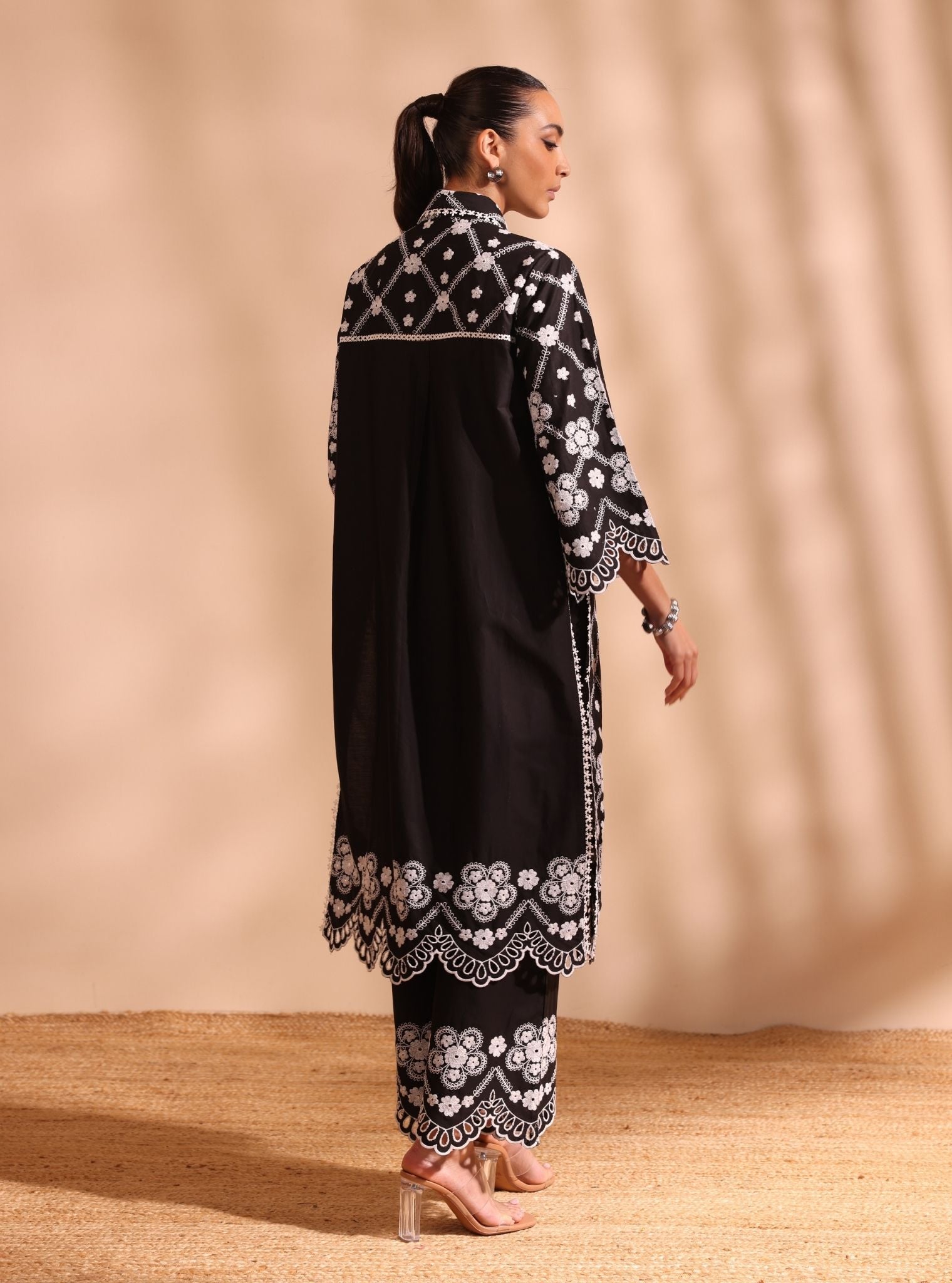 Mulmul Cotton Magnus Black Long Shirt With Mulmul Cotton Magnus Black Pant