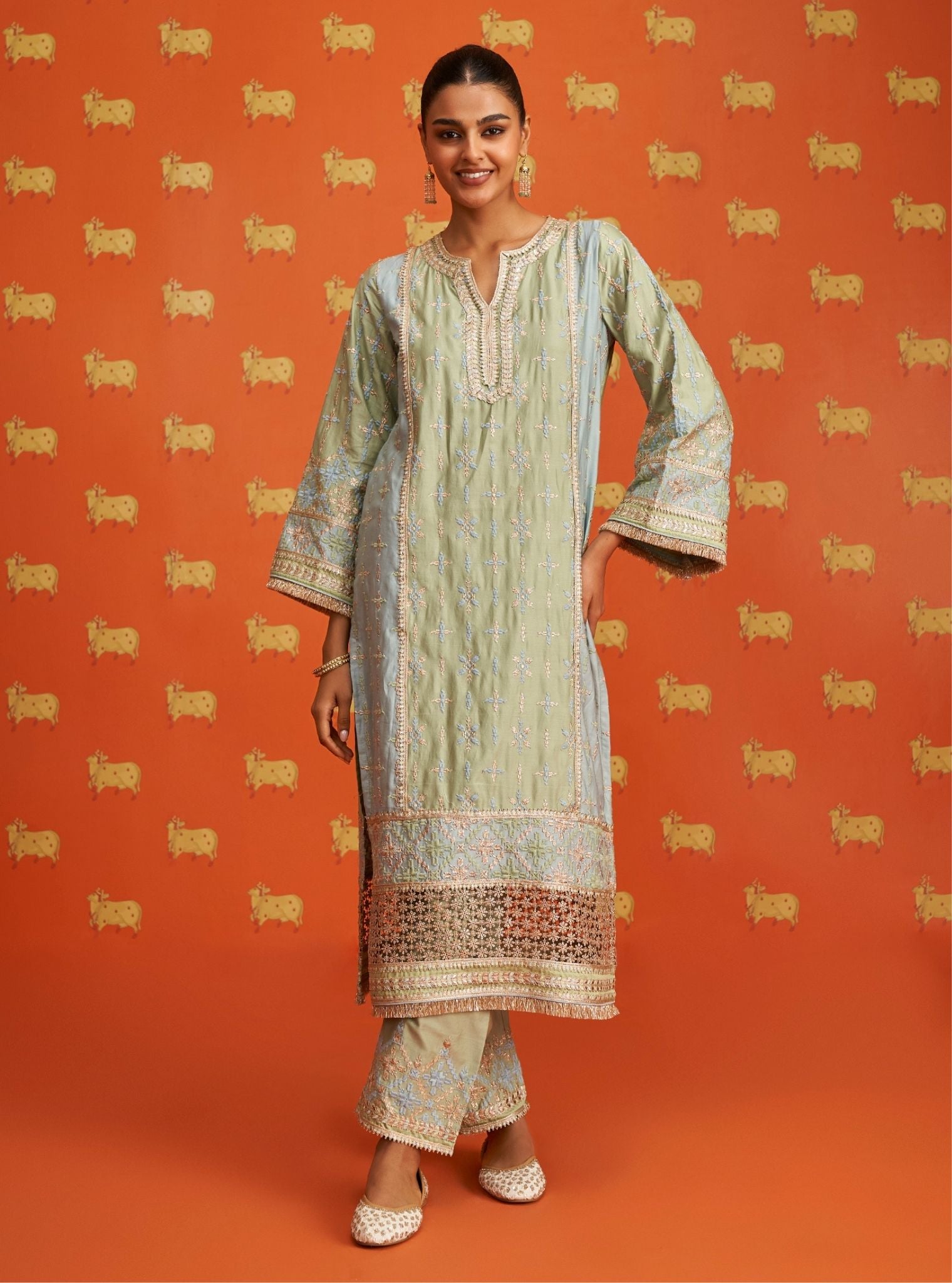 Mulmul Pima Satin Anya Green Kurta With Mulmul Pima Satin Anya Green Pant