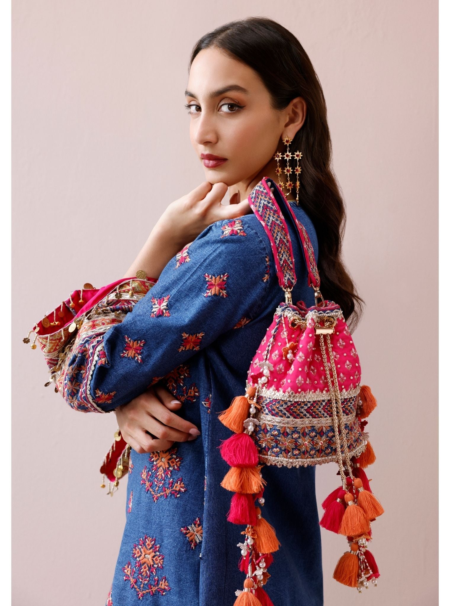 Hibiscus Fushia Denim Potli Bag