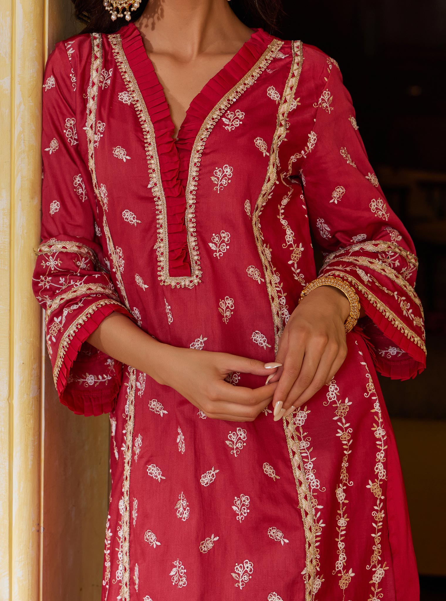 Mulmul Pima Anvesa Red Kurta with Mulmul Pima Anvesa Red Pant