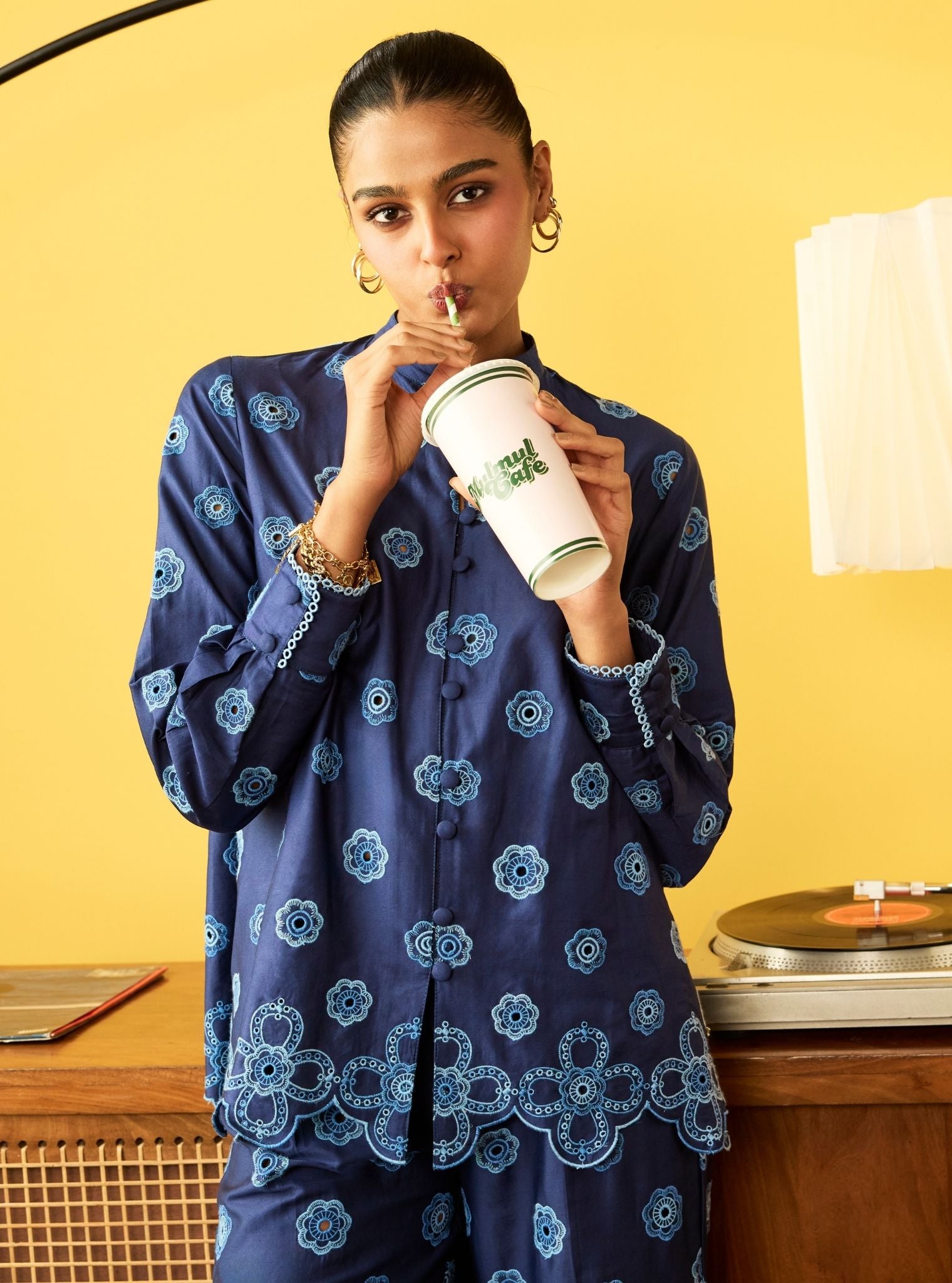 Zivi Pima Satin Navy Shirt Set