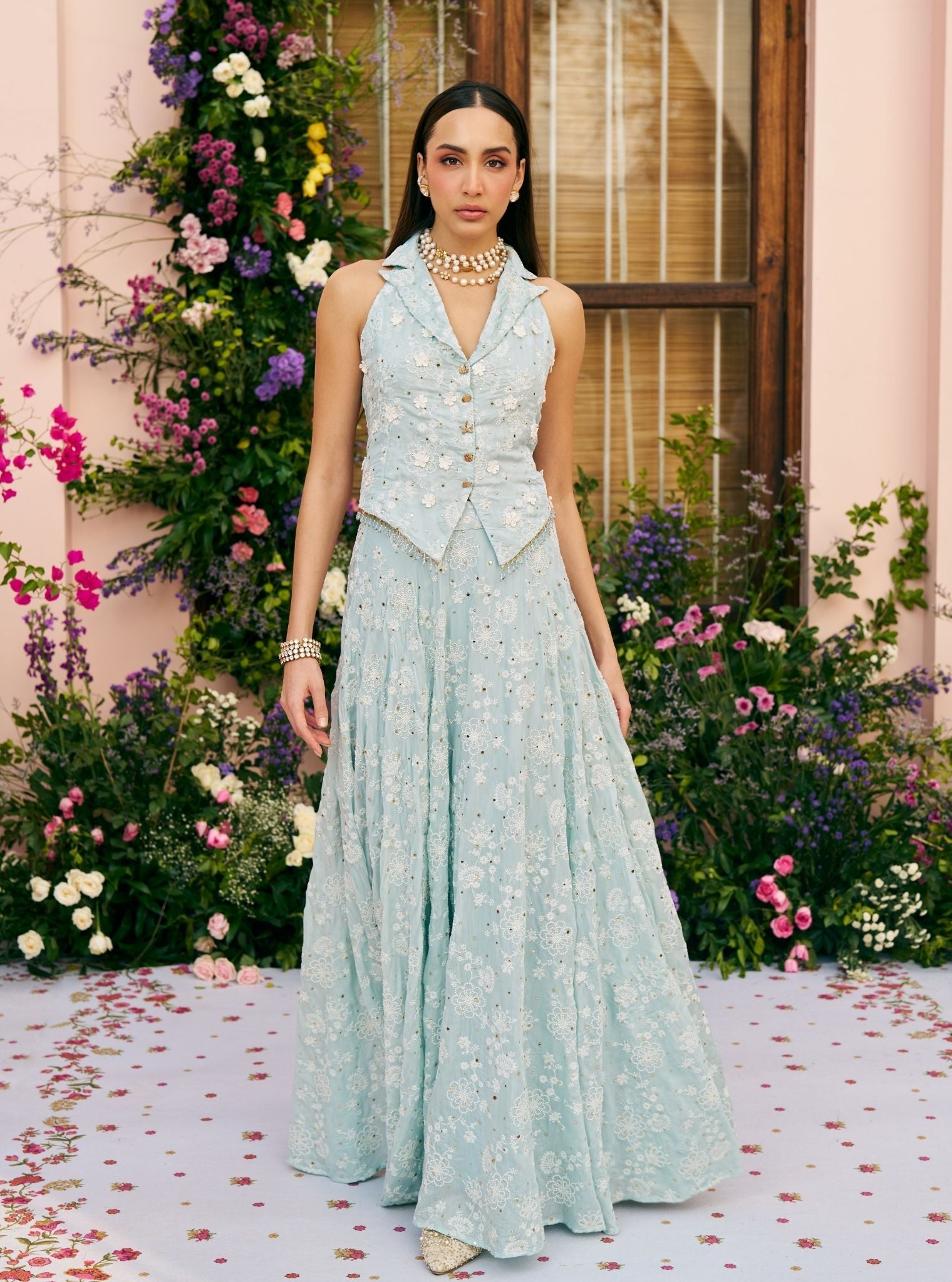 Chavi Mulmul Silk Light Blue Waistcoat with Skirt