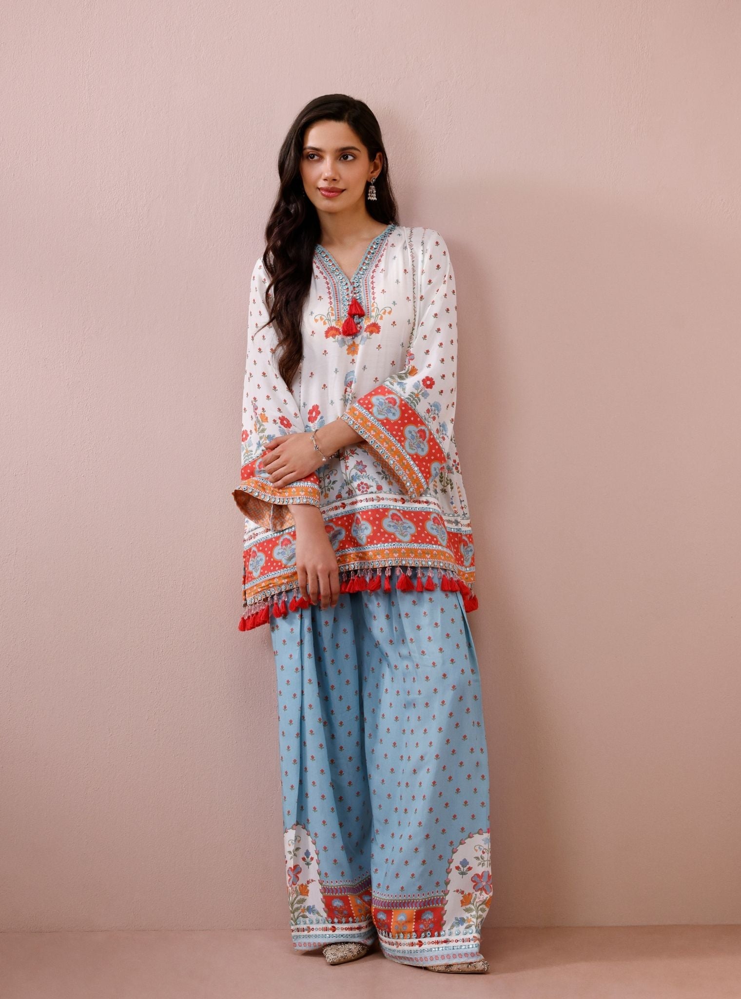 Zariya Lawn Printed Off-White & Teal Kurta with Farshi Salwar