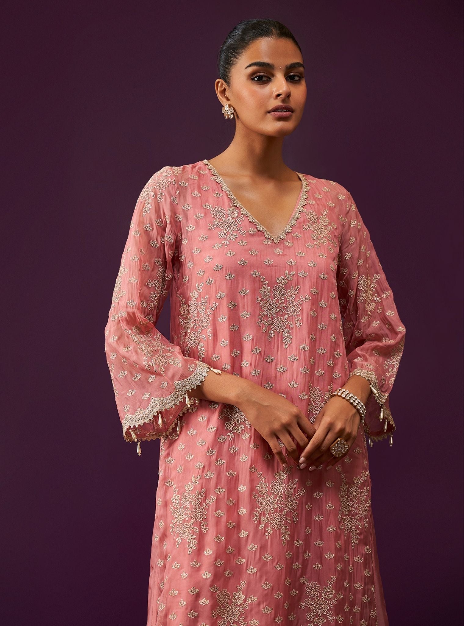 Mulmul Organza Suwanni Mauve Kurta With Mulmul Organza Suwanni Mauve Pant