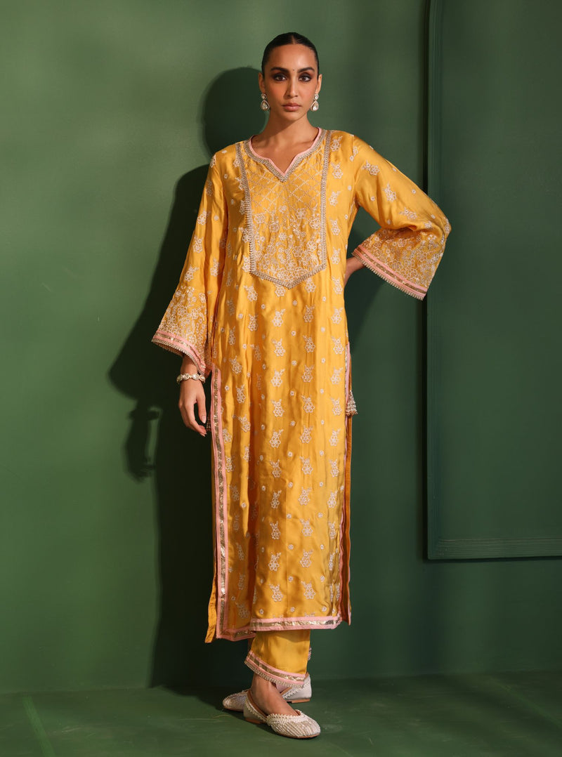 Nitha Cupro Silk Yellow Kurta Set