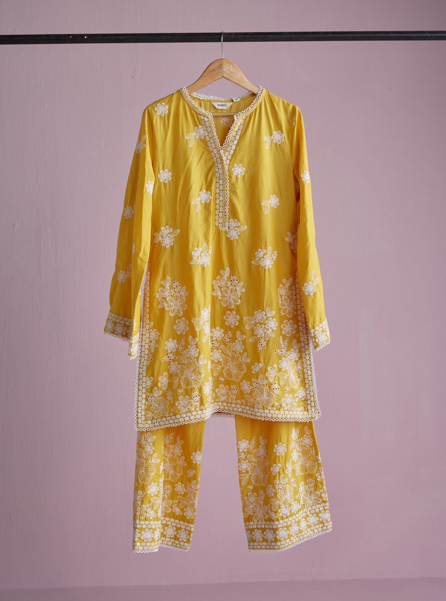 Kalani Supima Cotton Yellow With White Emb Co-ord Set